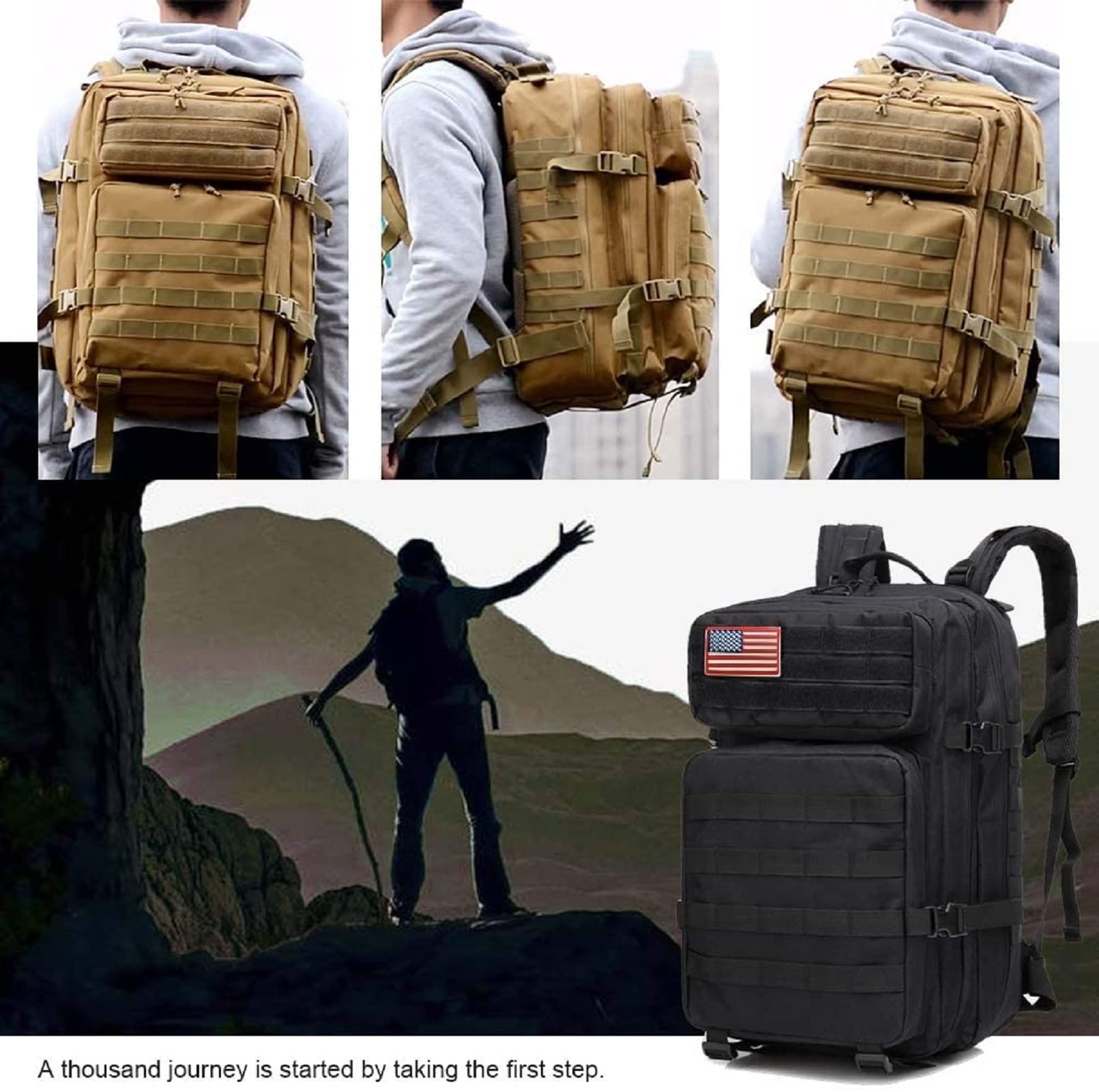 LHI Military Tactical Backpack for Men Molle Daypack 45L Army 3 Days Assault Pack Bag Large Rucksack With Bottle Holder Black an