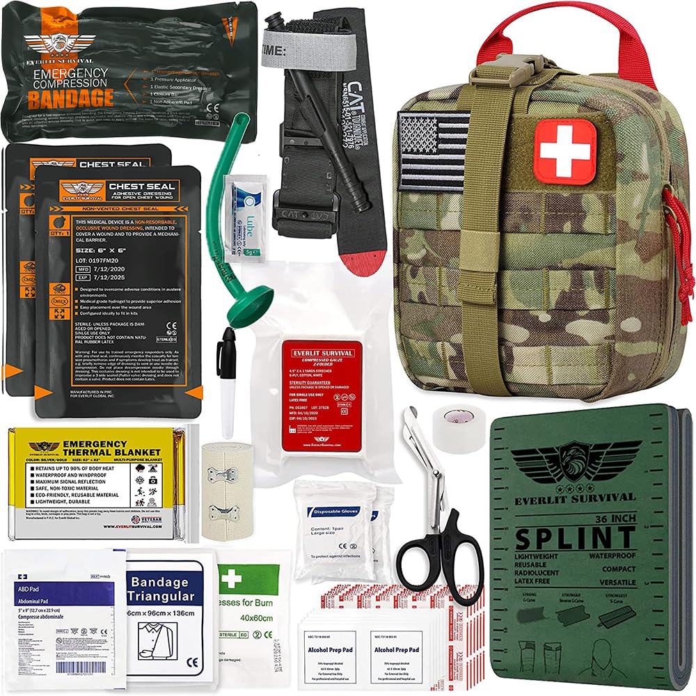 EVERLIT Advanced Emergency Trauma Kit, CAT GEN-7 Tourniquet Mil-Spec Nylon Laser Cut Pouch with 36 Splint, Military Combat Tacti
