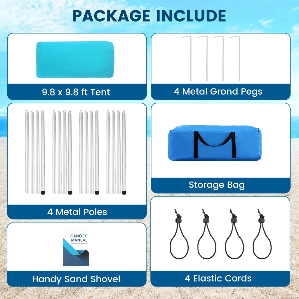 Beach Tent Sun Shelter - 10 X 10 Ft Beach Canopy Upf50+ Uv Protection With Sandbags, Poles, Grond Pegs And Anti-Wind Ropes For C