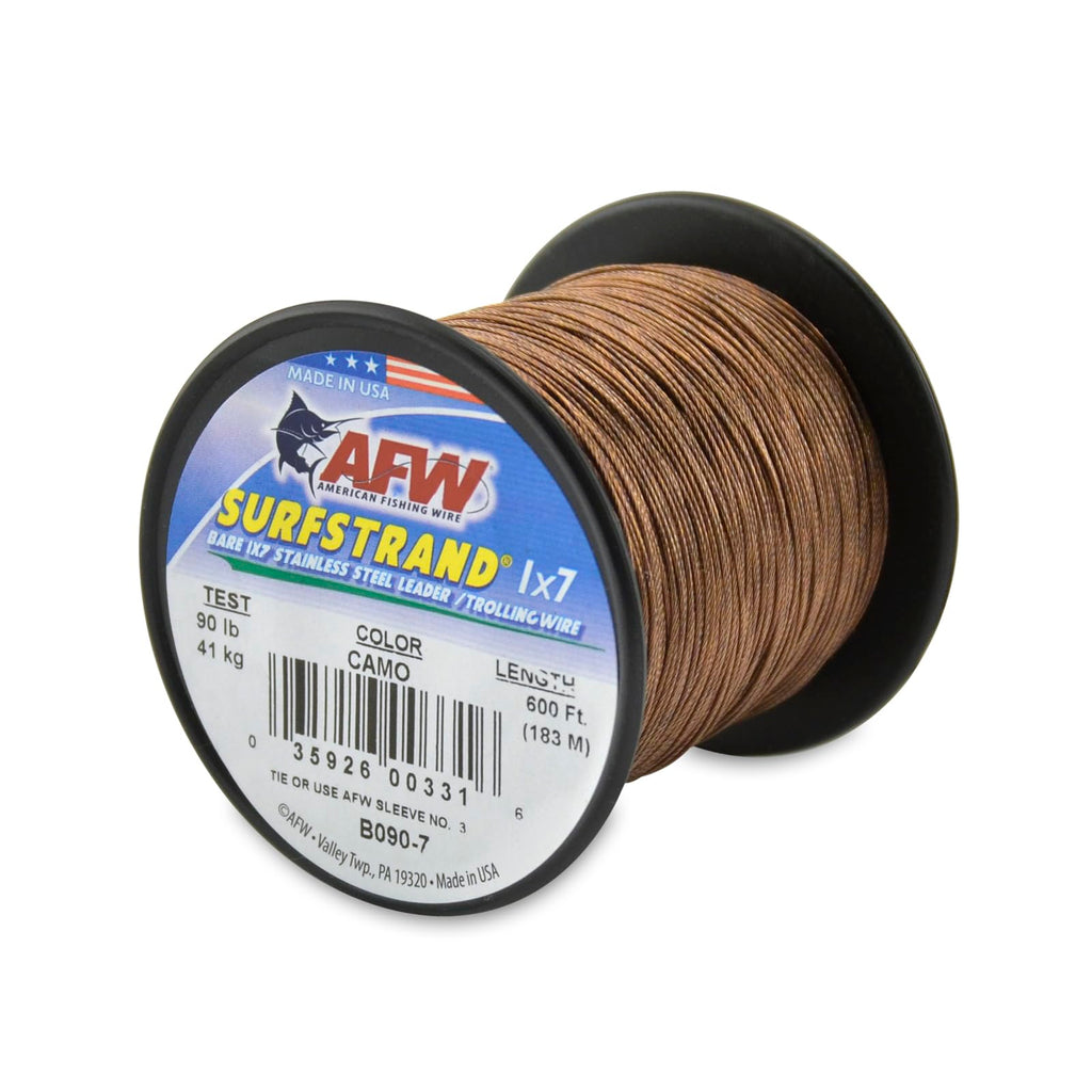 American Fishing Wire Surfstrand, Bare 1X7 Stainless Steel Leader Wire, 90 Lb Test, 0.024 Diameter, Camo, 600 Ft
