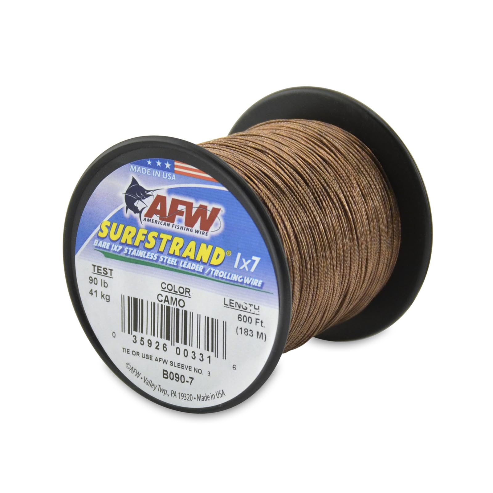American Fishing Wire Surfstrand, Bare 1X7 Stainless Steel Leader Wire, 90 Lb Test, 0.024 Diameter, Camo, 600 Ft
