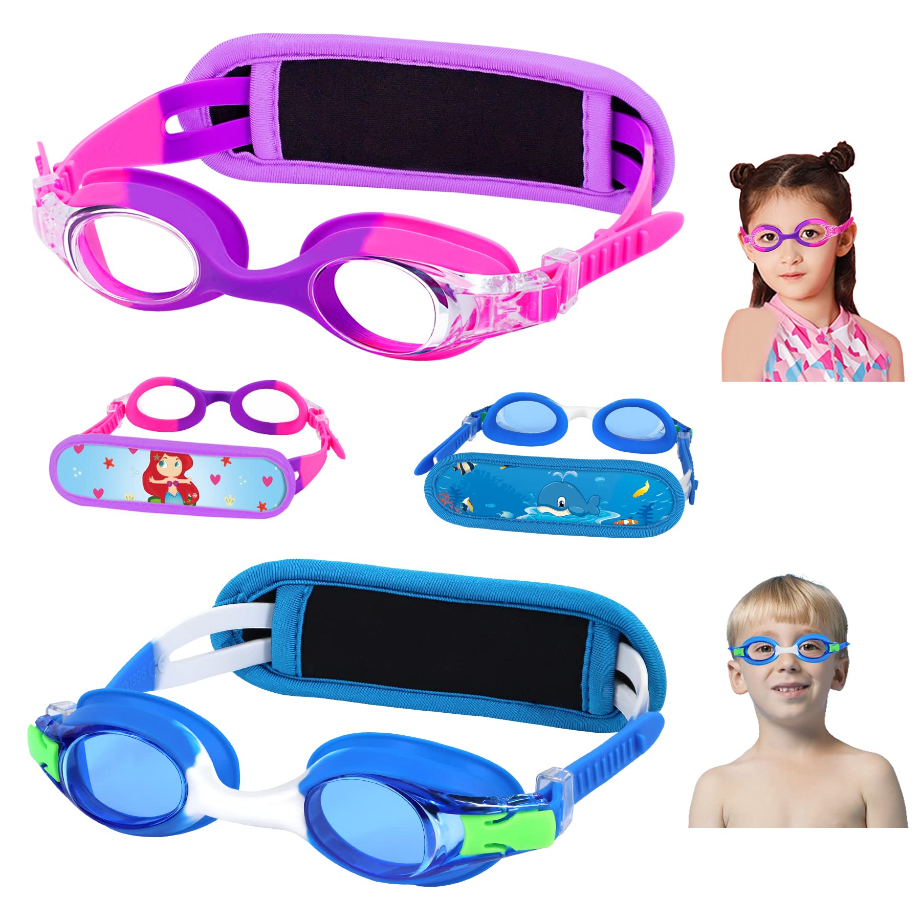 Vvinca Toddler Swim Goggles, 2 Packs Kids Goggles with Fabric Strap Cover No Tangle Hair, Clear View Anti-Fog Leakproof Water Po