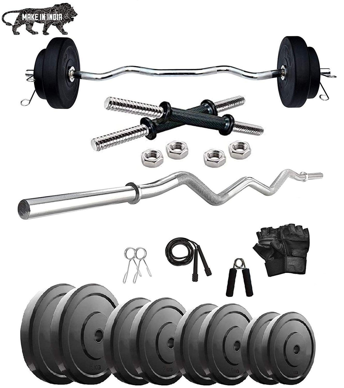 Beacon International 50 Kg Home Gym Set Rubber Weight Plates + Dumbbell Rods + Gloves+ Skipping Rope + 3 Ft Ez Curl Bar +Free L