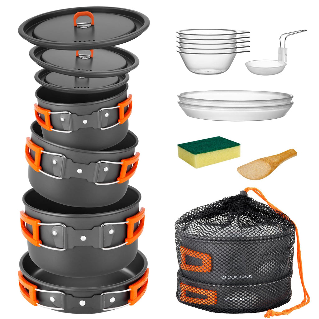 Odoland 15Pcs Camping Cookware Non-Stick Lightweight Camping Pots And Pans Set With Plastic Plates Bowls Soup Spoon For Camping,