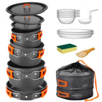 Odoland 15Pcs Camping Cookware Non-Stick Lightweight Camping Pots And Pans Set With Plastic Plates Bowls Soup Spoon For Camping,