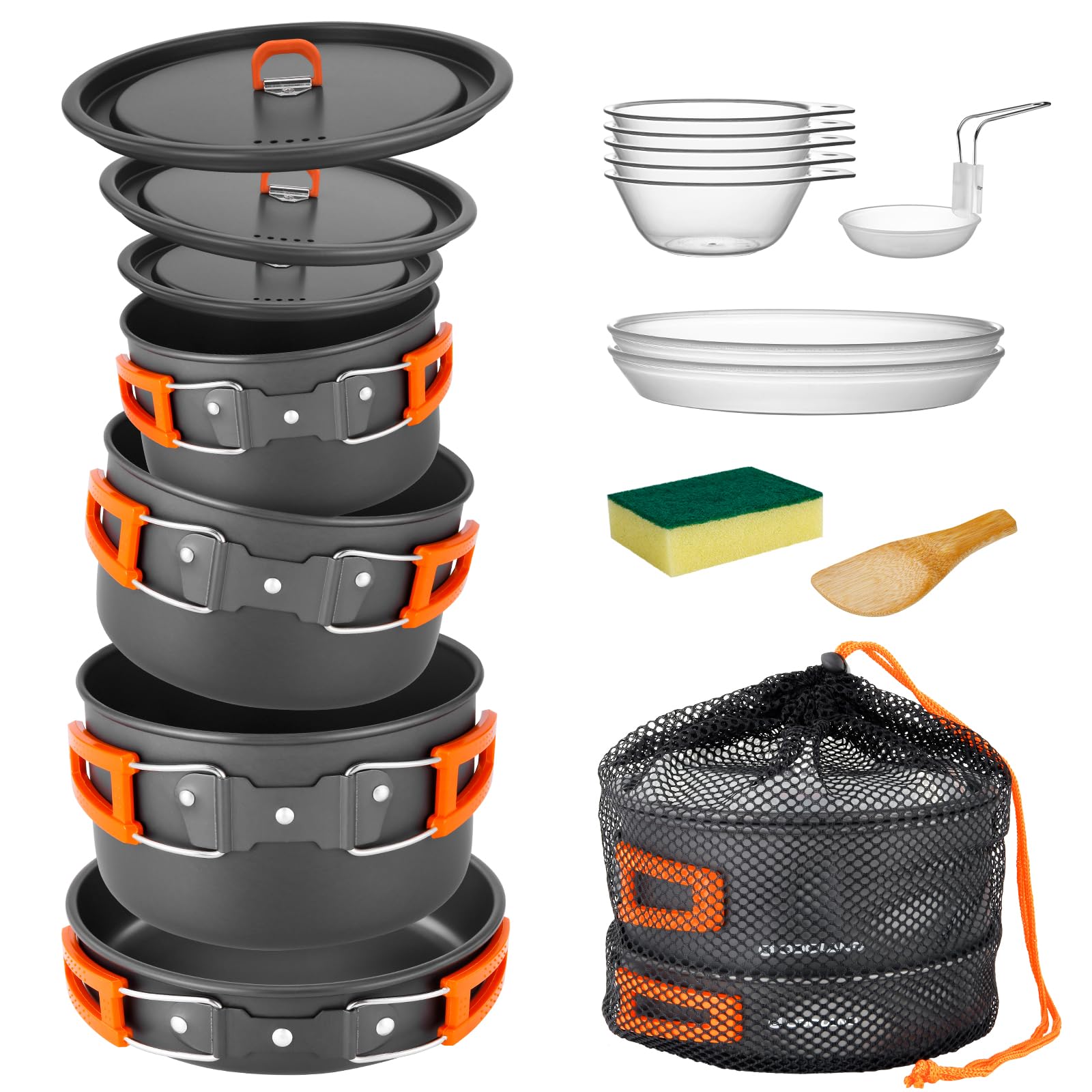 Odoland 15Pcs Camping Cookware Non-Stick Lightweight Camping Pots And Pans Set With Plastic Plates Bowls Soup Spoon For Camping,