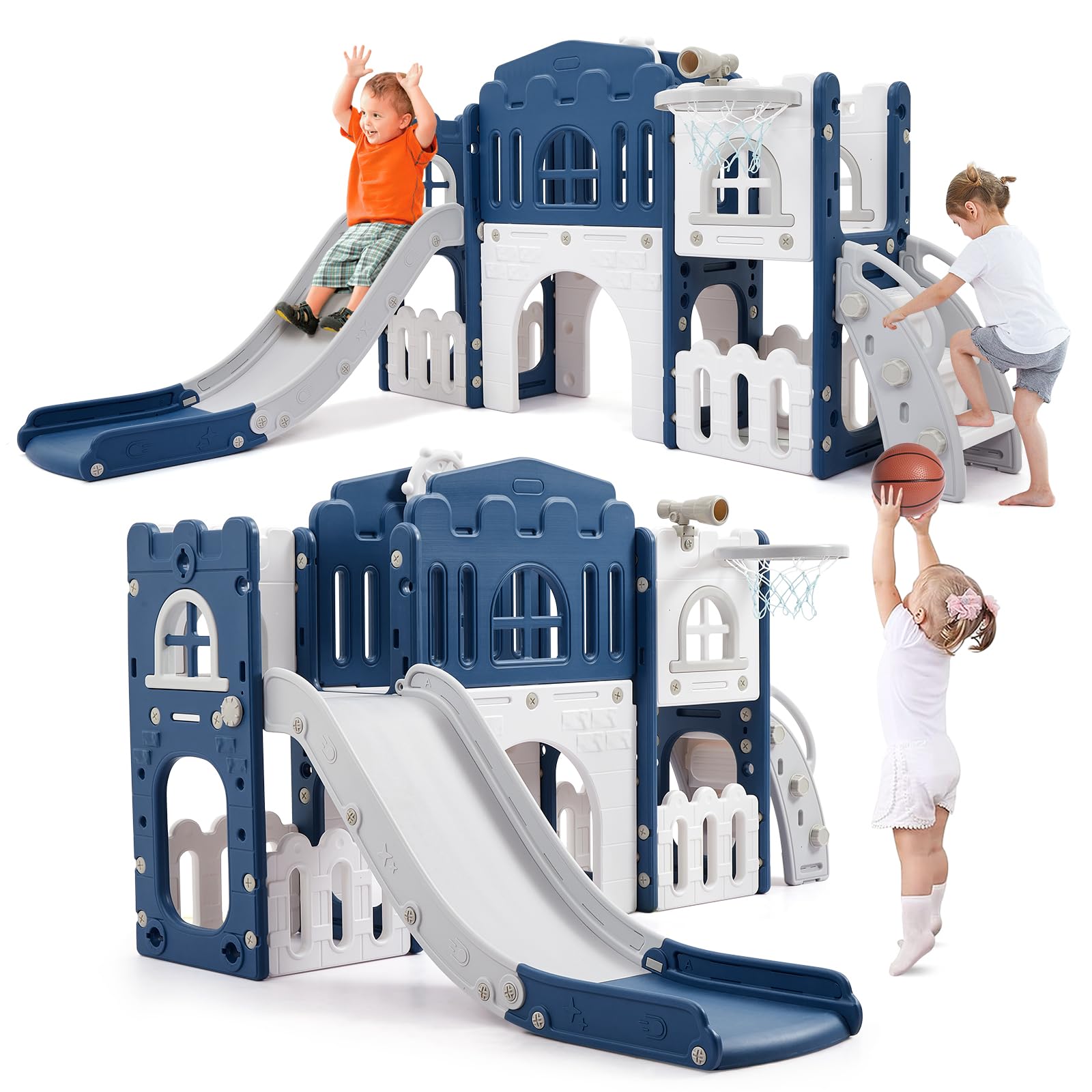GAOMON 8 in 1 Toddler Slide Indoor Playground, Indoor Slide Toddler Playset for Toddlers 1-3, Kids Outdoor Playground with Baske