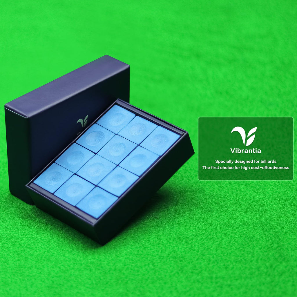 VIBRANTIA Pro Pool Cue Chalk, Tournament Standard Billiard Chalk, 12 Cubes/Box with Travel Storage Box,Low Dust, Super Dense, Su