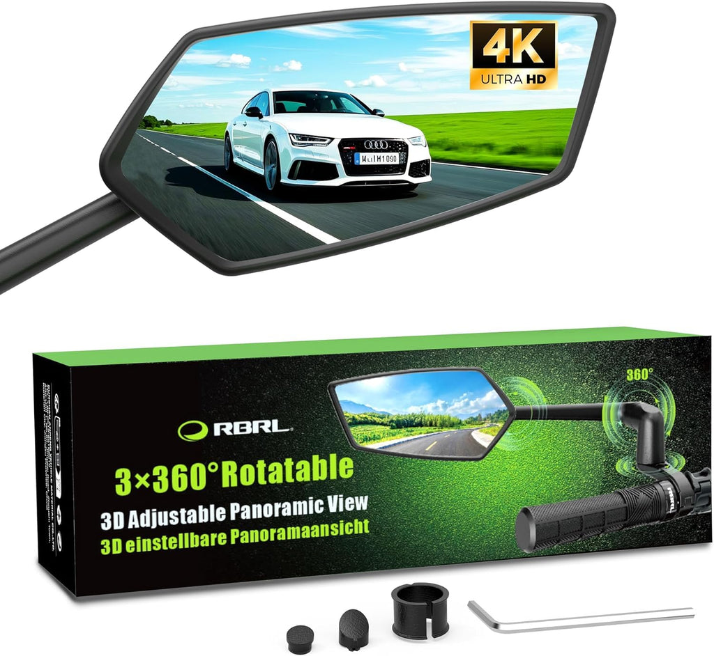 RBRL Bike Mirror, 3D Adjustable Arm for Extended Reach, Aluminum Alloy Anti-shake Bicycle Rearview Mirrors, 360 Panoramic Rearvi