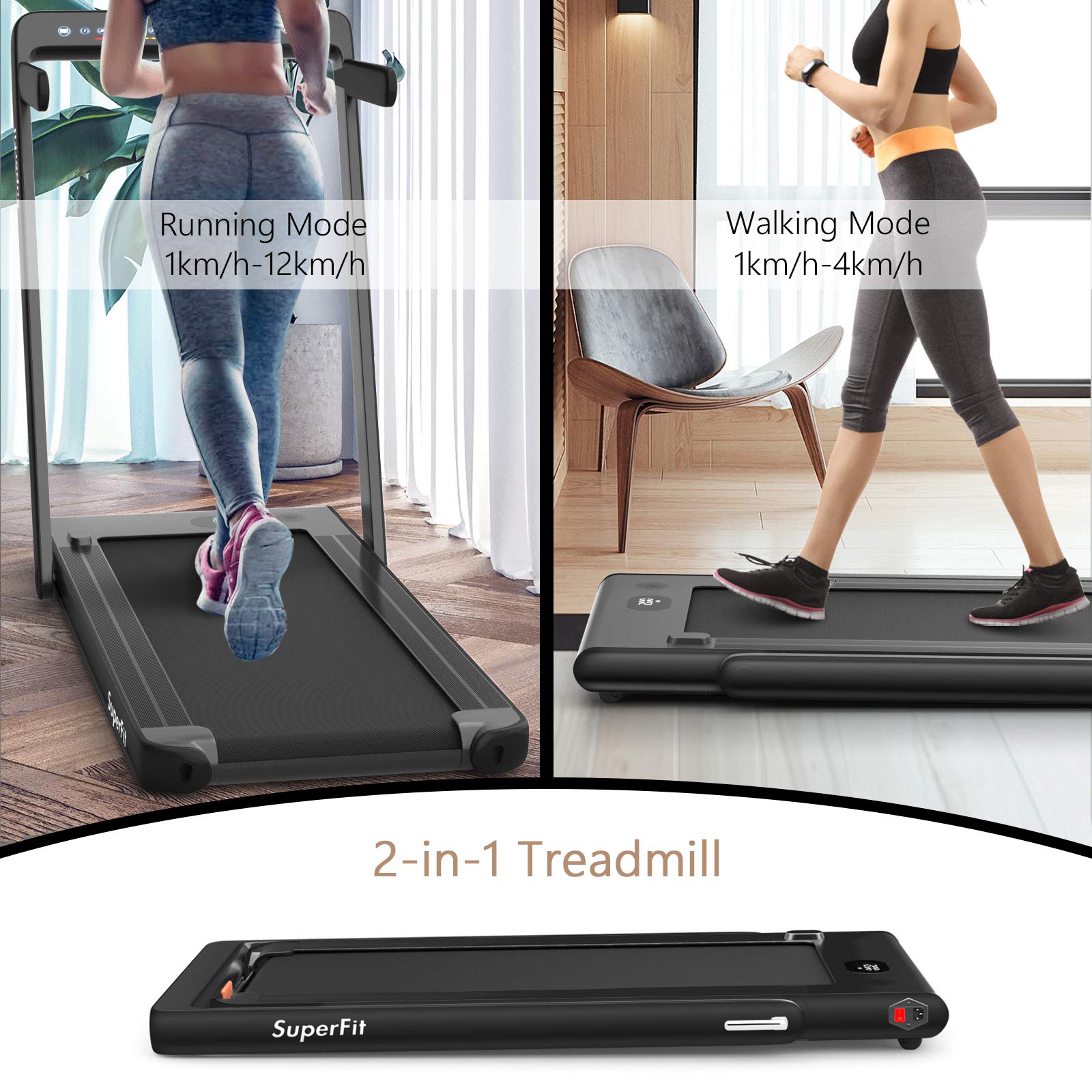 Goplus 2 In 1 Folding Treadmill With Dual Display, 2.25Hp Superfit Under Desk Electric Pad Treadmill, Installation-Free, Bluetoo