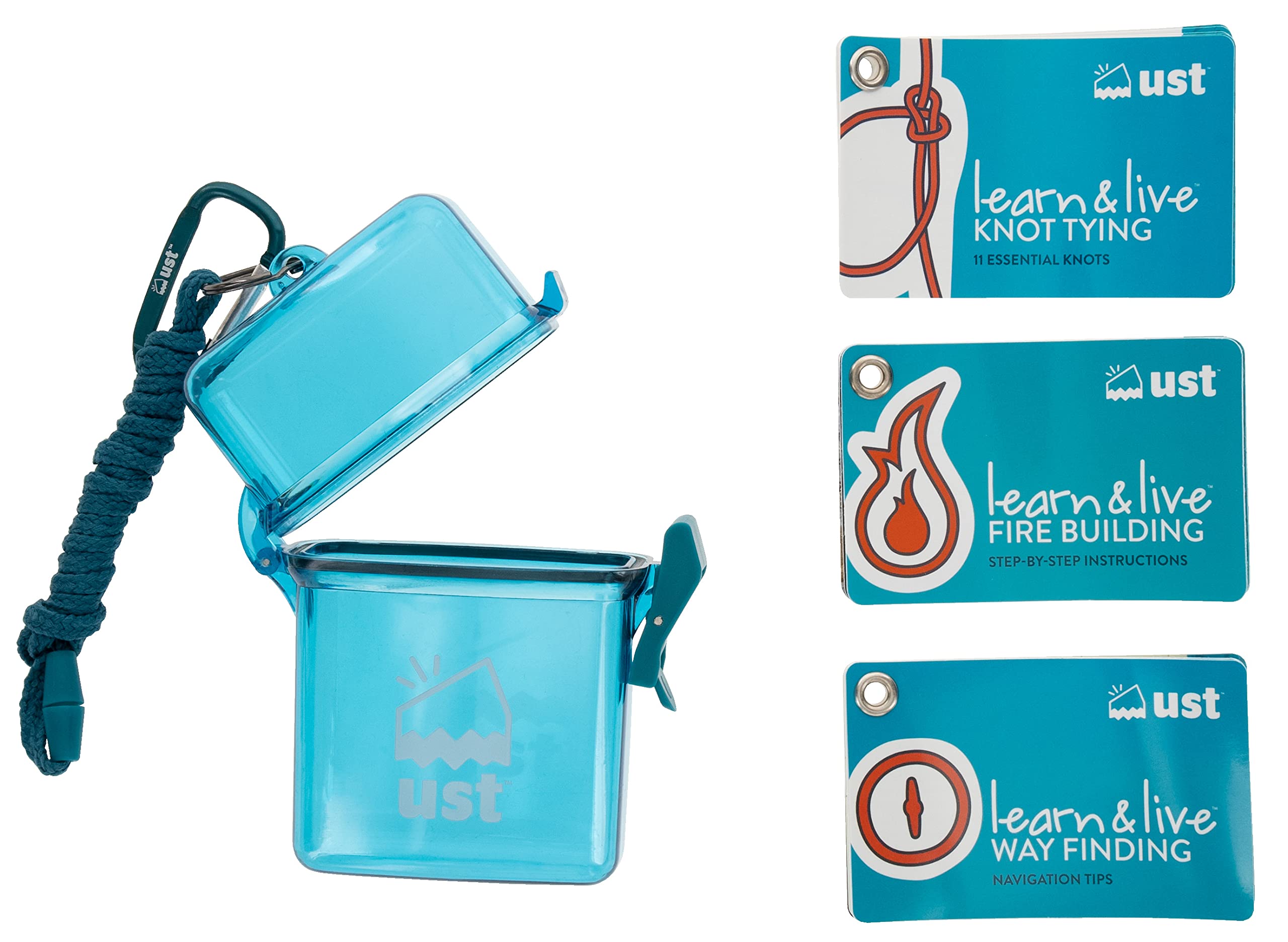 ust learn & live outdoor skills educational card set with durable, waterproof, compact design and storage case for hiking, campi