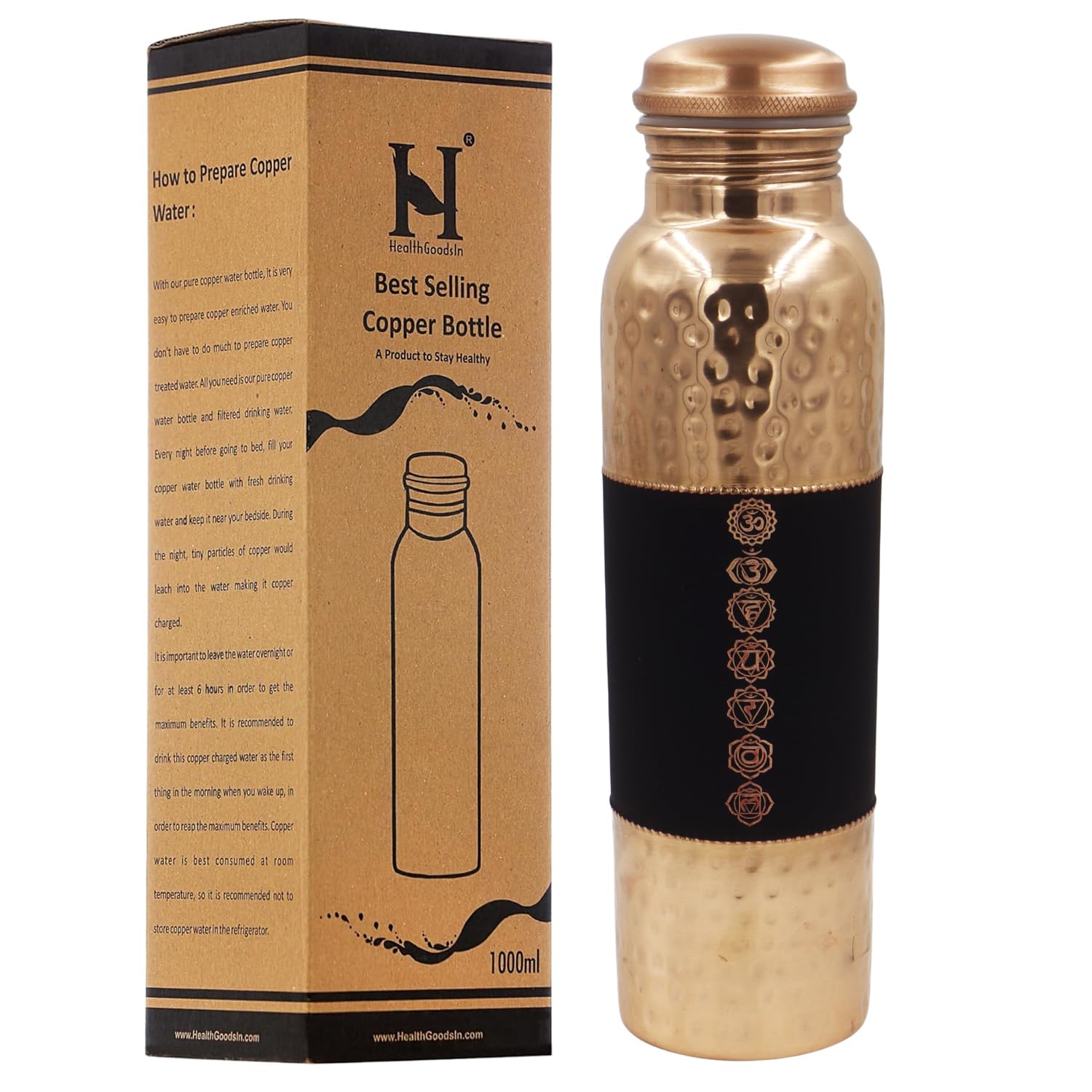 Pure Copper Water Bottle UNLINED, UNCOATED and LACQURE FREE for Ayurvedic Health Benefits, 1000 Ml (33.81 Fl Oz) (7 Chakras)