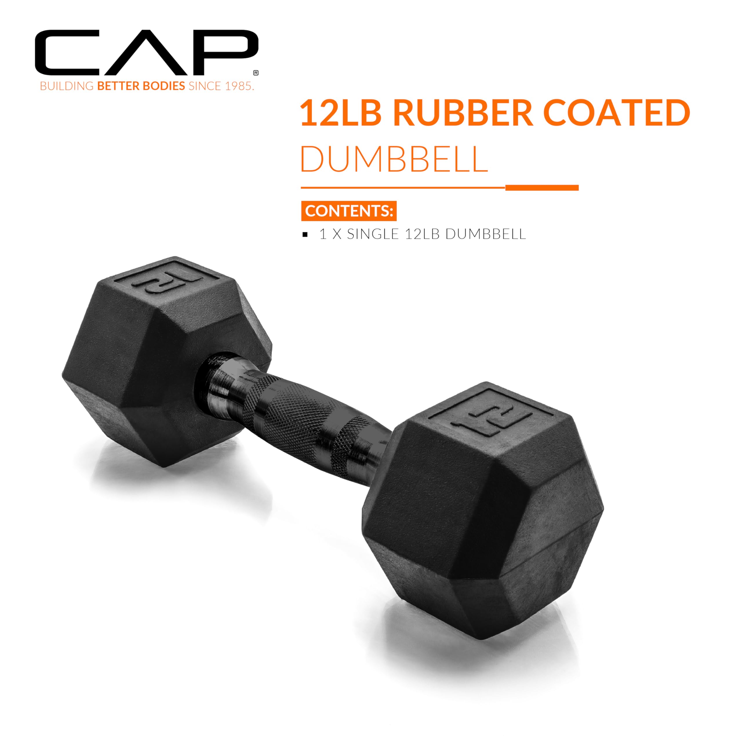 CAP Barbell 12 LB Rubber Coated Hex Dumbbell Hand Weight - Single | Black Handle