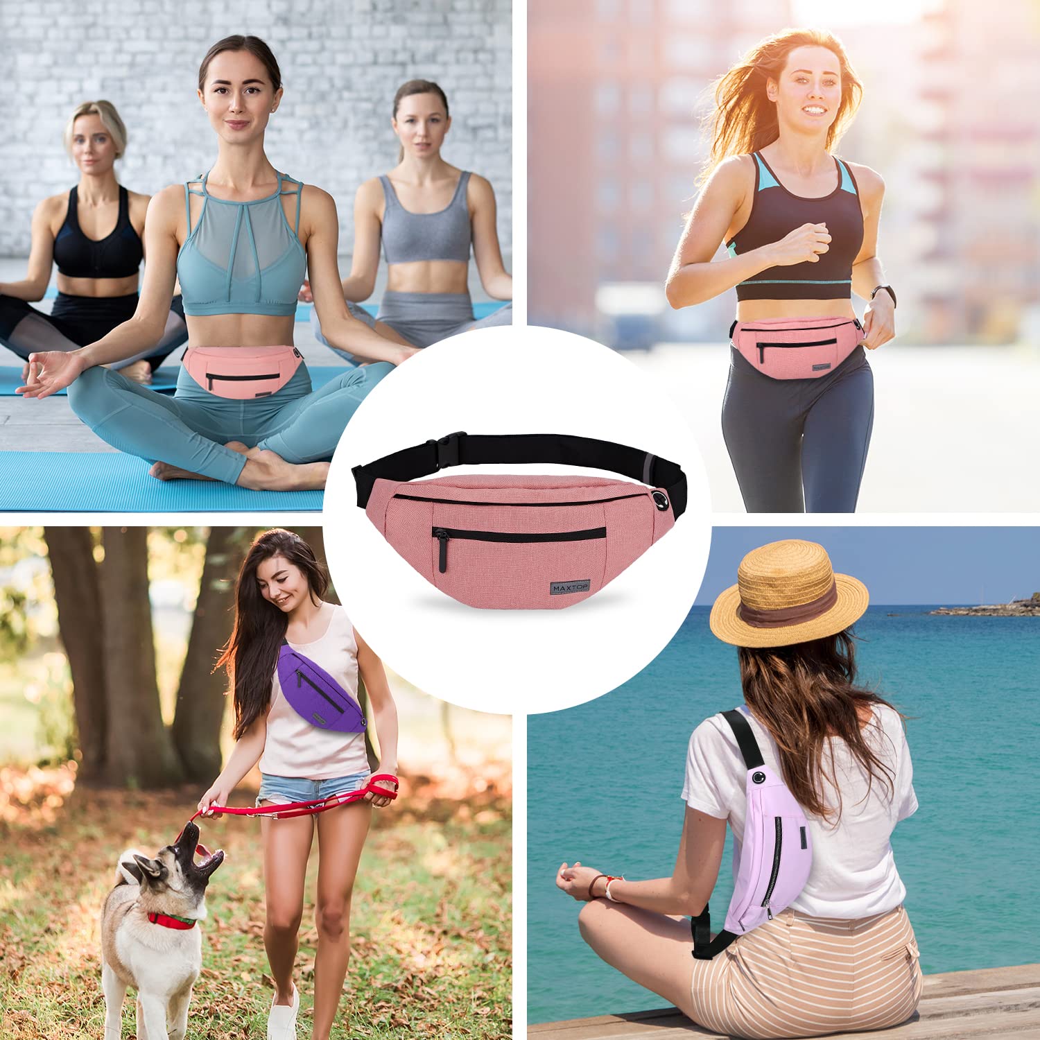 Large Pink Fanny Pack Cross Body Belt Bag With 4-Zipper Pockets Adjustable Straps Waist For Women Girl,Gifts For Enjoy Festival