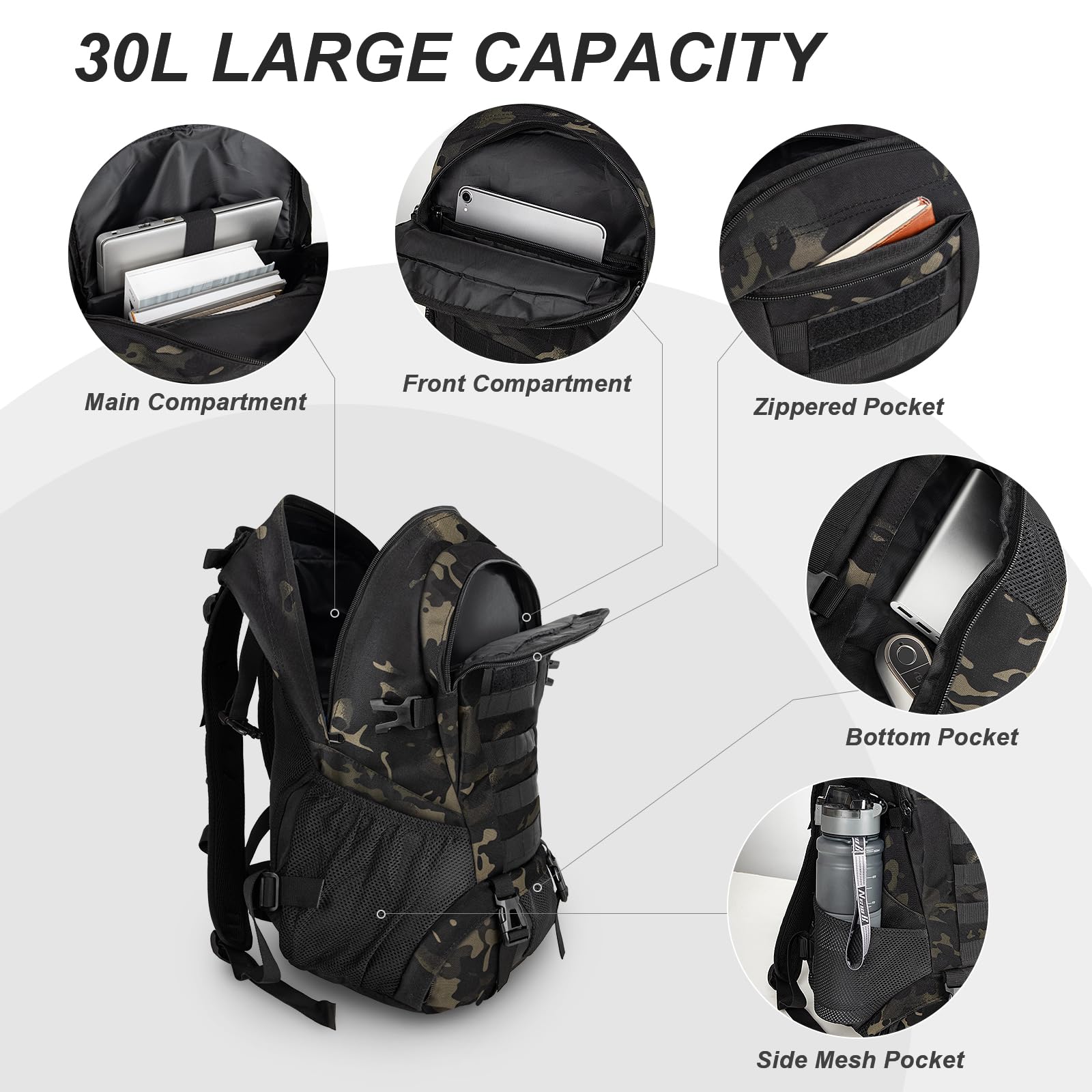 Jueachy Tactical Backpack For Men Hiking Day Pack Molle Military Rucksack Waterproof 30L Edc Bag With Usa Flag Patch Black Cp St