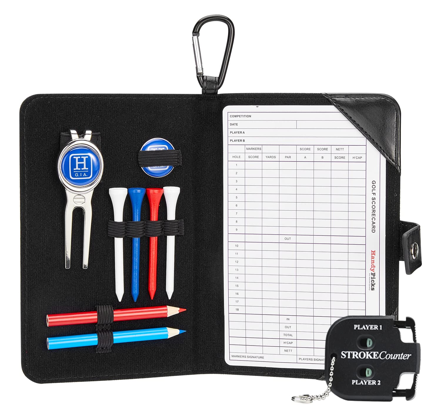 Handy Picks Golf Scorecard Holder n Yardage Book Cover in Genuine Leather - Divot Repair Tool, Ball Marker, Golf Tees, Pencil n 