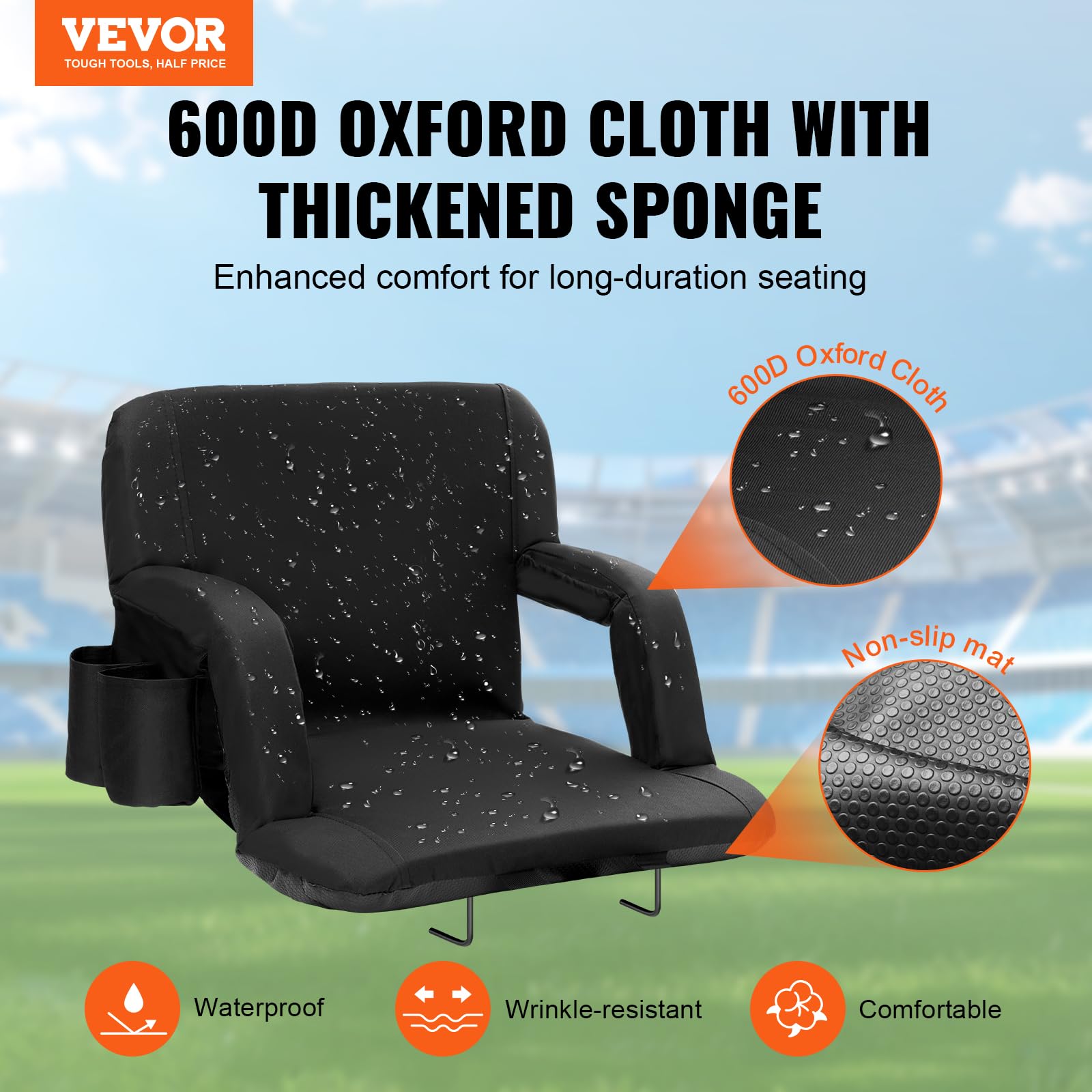 Vevor Stadium Seat With Back Support, Wide Bleacher Seat Back, Folding Padded Cushion Stadium Chair, Portable Reclining Chair Wi
