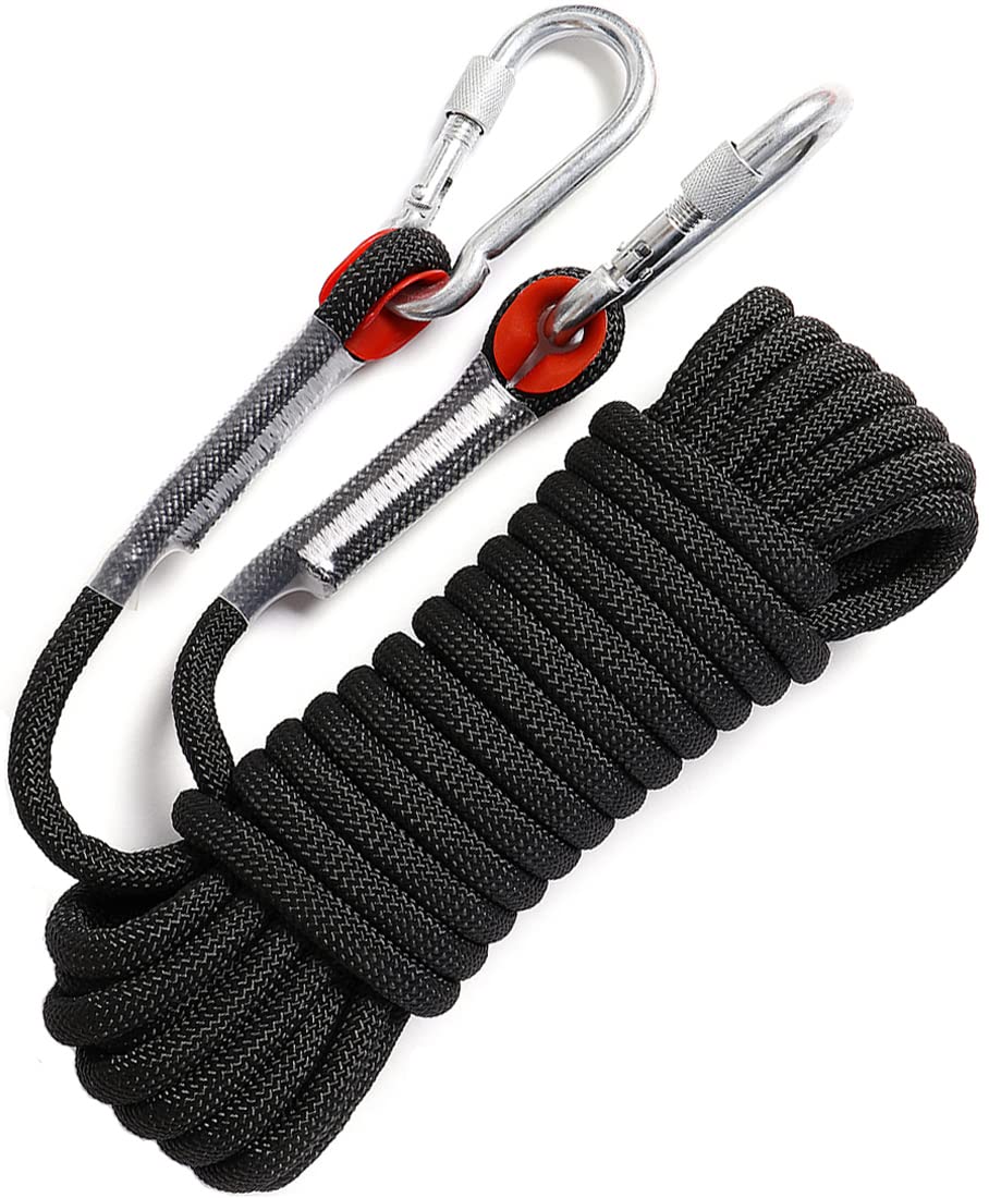 Ginee Outdoor 10Mm Static Rock Climbing Rope 100Ft Black Safety Ropes Fishing Rope Arborist Tree Climbing Rescue Grappling Escap