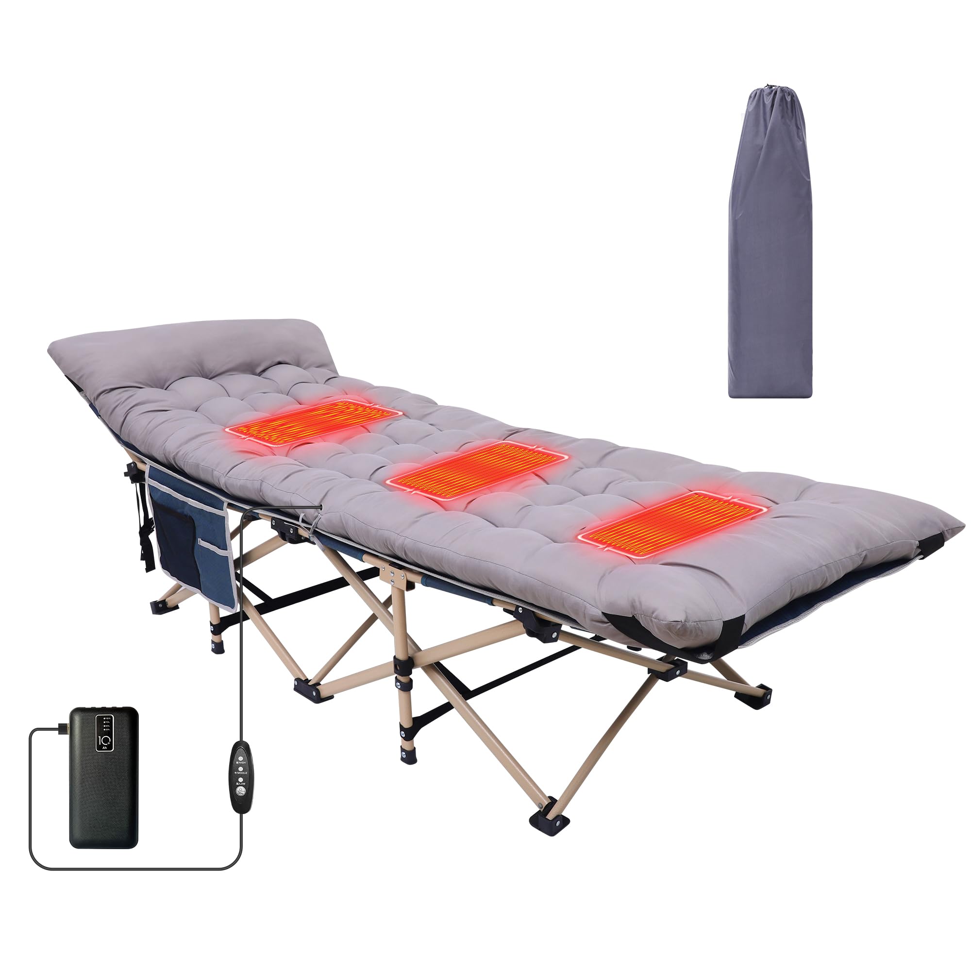 Wgos Camping Cot, Heated Camping Cot Folding Cot For Adults With Heated Mattress, Folding Bed, Carry Bag, Pillow & Side Mesh Hol