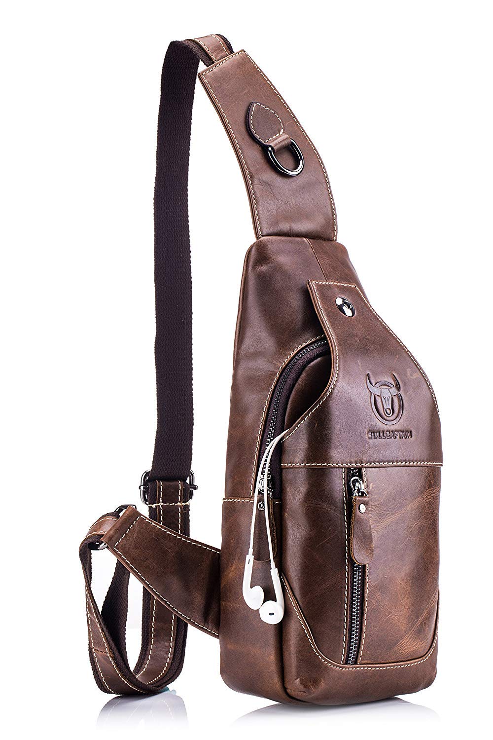 Bullcaptain MenS Sling Bag Genuine Leather Chest Shoulder Backpack Cross Body Purse Water Resistant Anti Theft For Travel Hikin