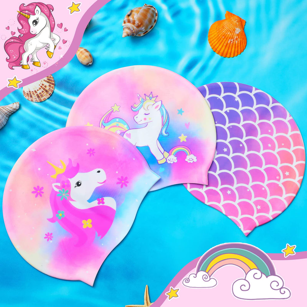 Syhood 3 Pcs Kids Swim Caps Baby Waterproof Bathing Caps Children Cartoon Swimming Hat For Long Short Hair Kids Boys Girls (Mixe