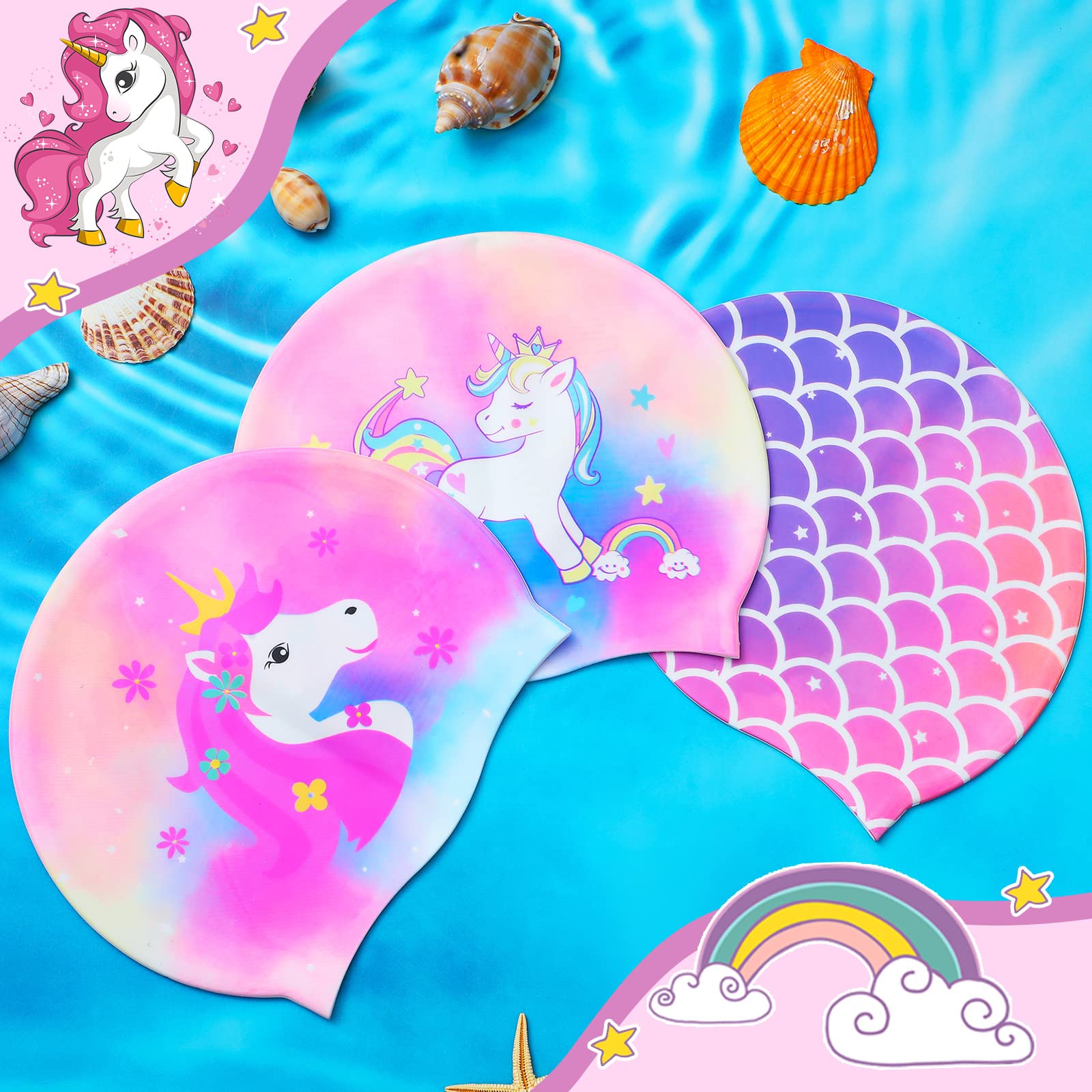 Syhood 3 Pcs Kids Swim Caps Baby Waterproof Bathing Caps Children Cartoon Swimming Hat For Long Short Hair Kids Boys Girls (Mixe