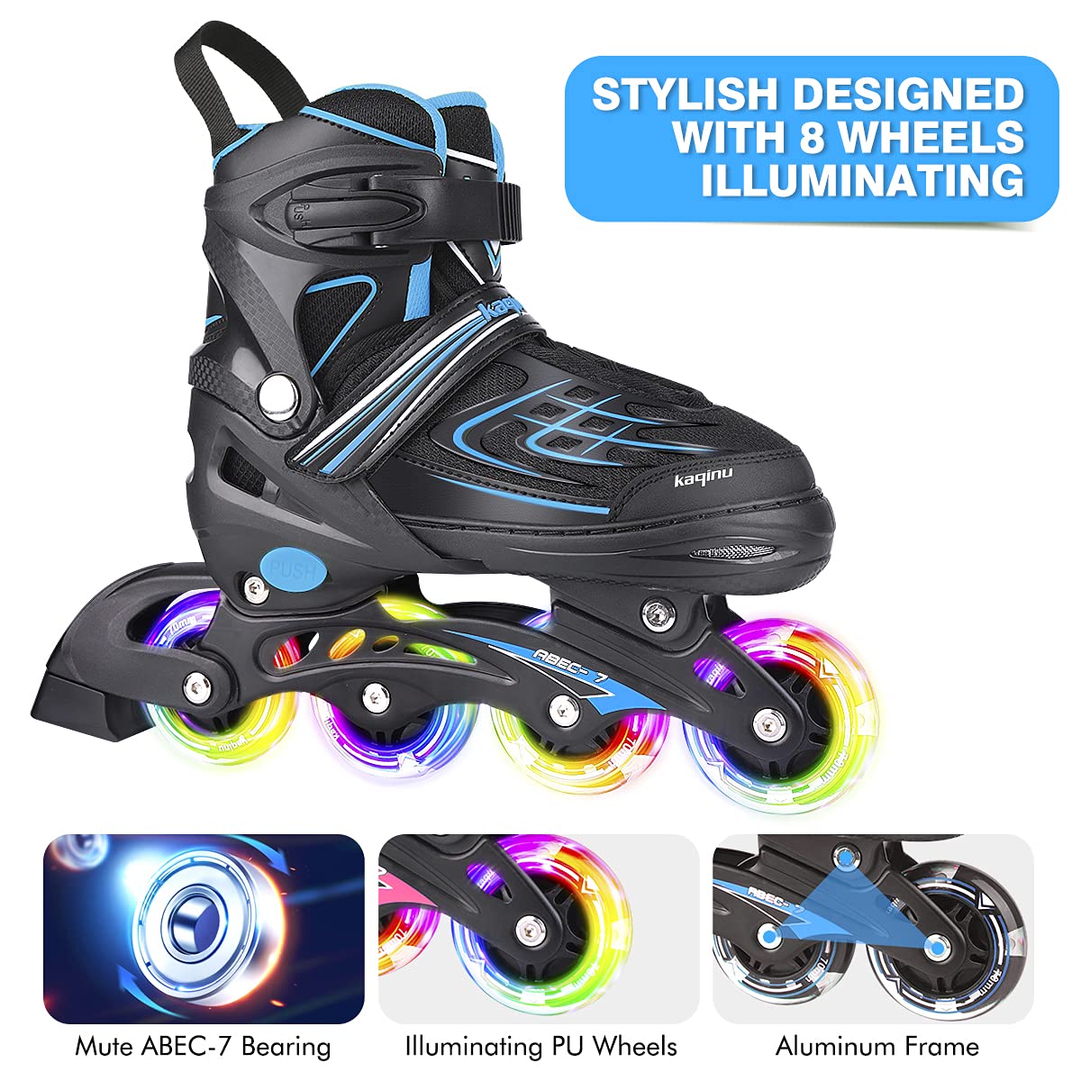 Kaqinu Adjustable Inline Skates, Outdoor Inline Skates With Full Illuminating Wheels For Women, Kids, Girls And Boys (Blue, L)