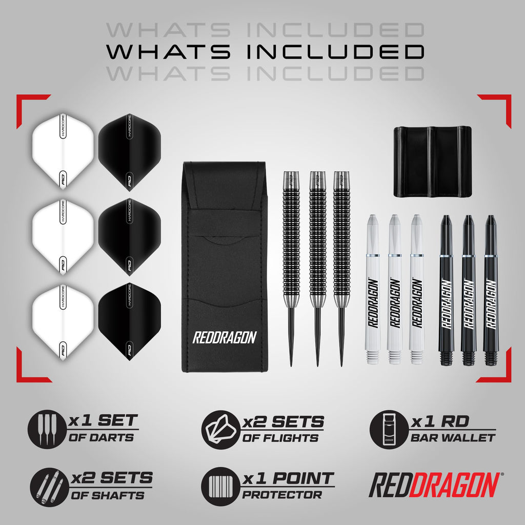 Red Dragon Pegasus Tungsten Steel Darts Set - 30 Gram - Black Shafts, Black Extra Thick Flights And Case