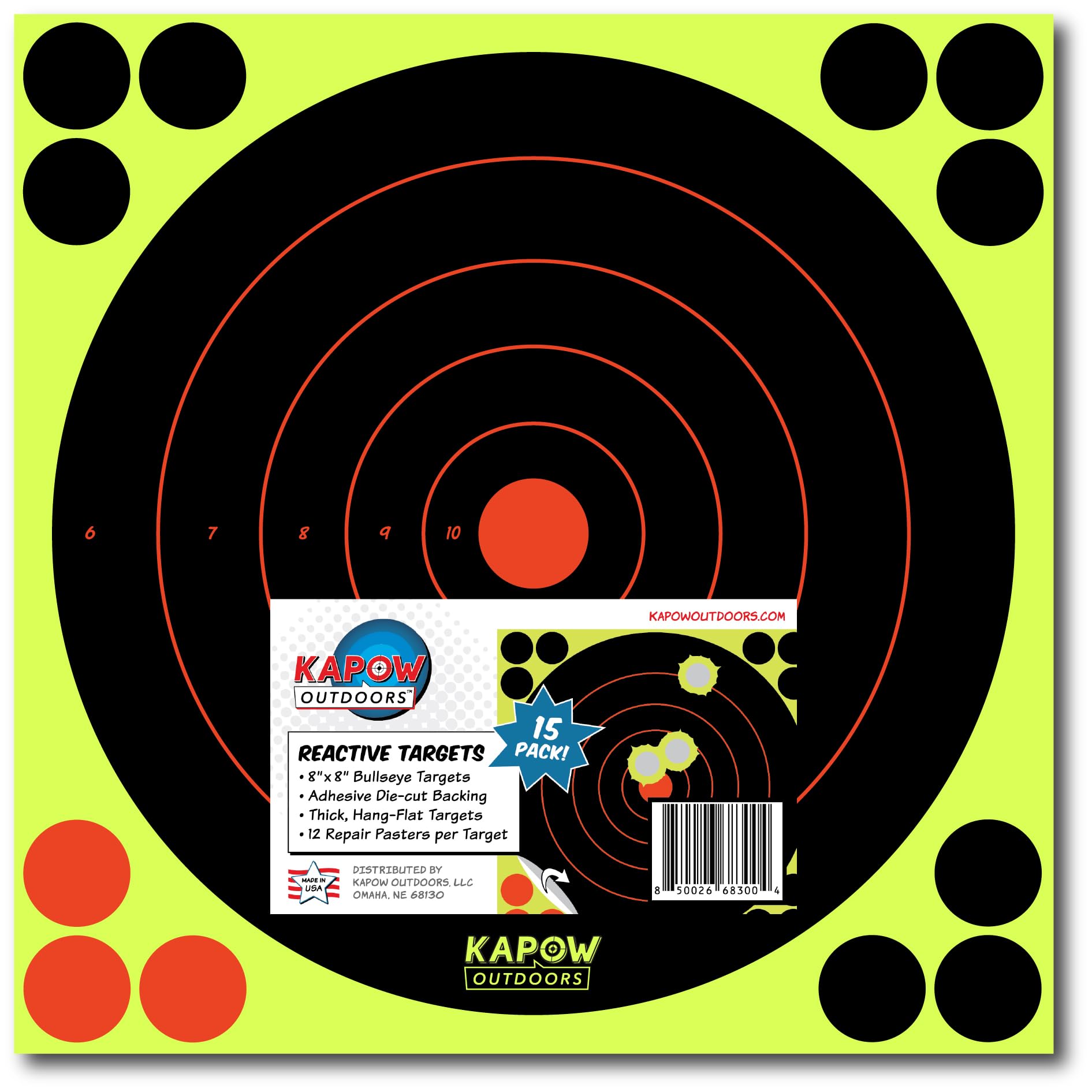 Kapow Outdoors Reactive Adhesive 8x8 Bulls-Eye Target [15-Pack] Made in the USA