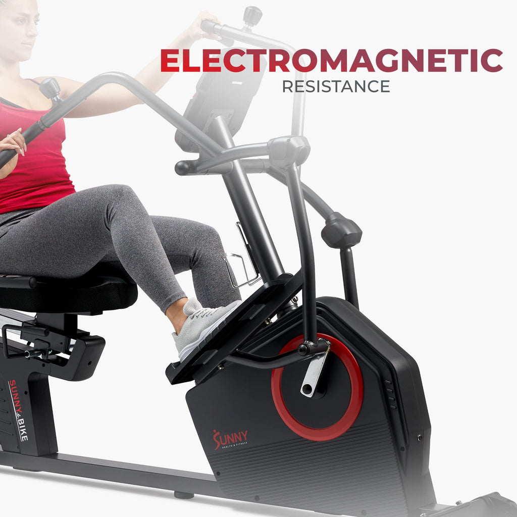 Sunny Health & Fitness Electromagnetic Recumbent Cross Trainer Exercise Elliptical Bike W/Arm Exercisers, Easy Access Seat & Exc