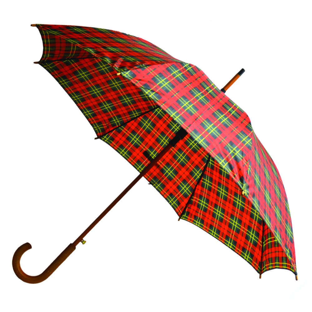 Rainbrella Classic Auto Open Umbrella with Real Wooden Hook Handle, Red/Green Plaid, 46