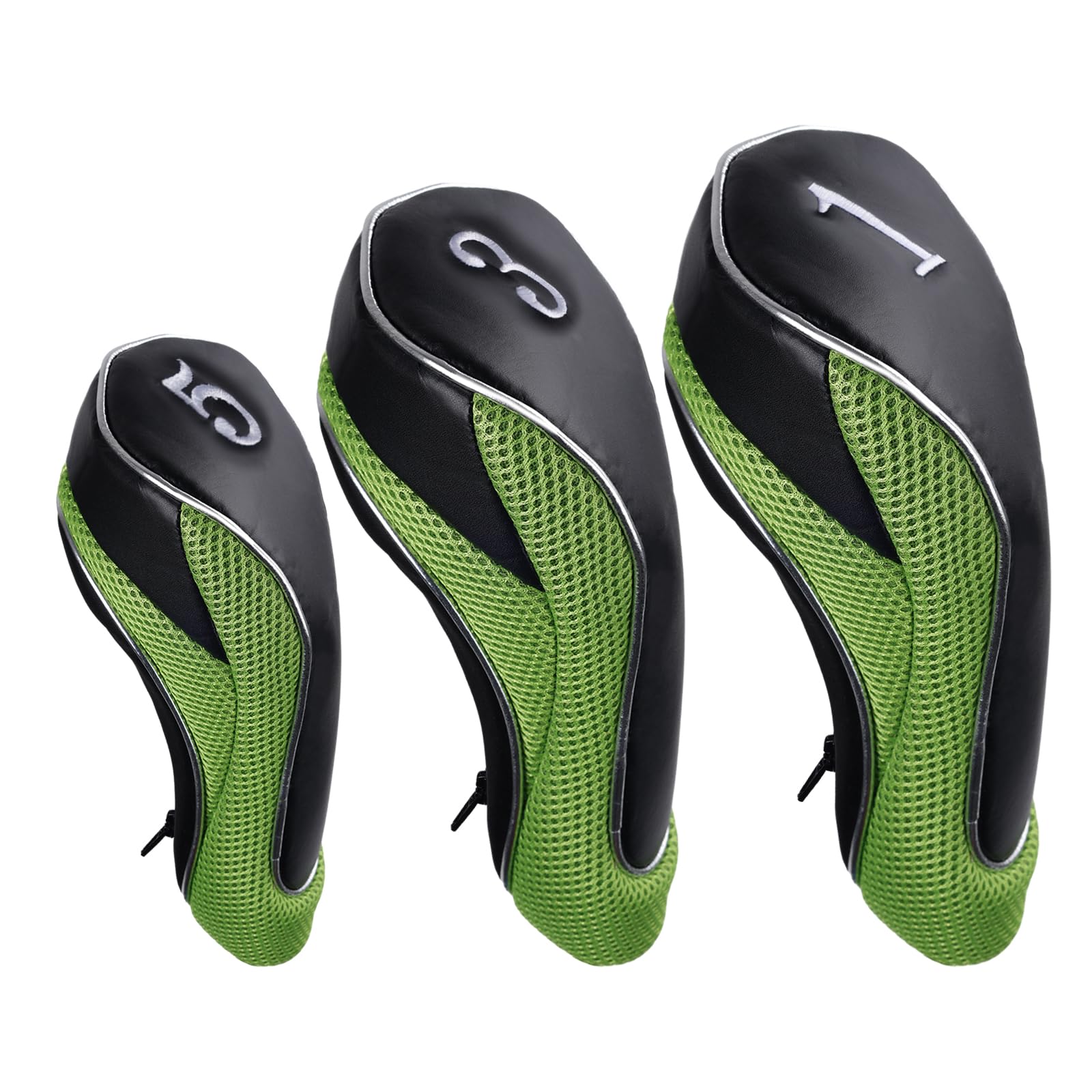 Andux Golf 460cc Driver Fairway Wood Head Covers with Zipper Closure Set of 3 (Black/Green)