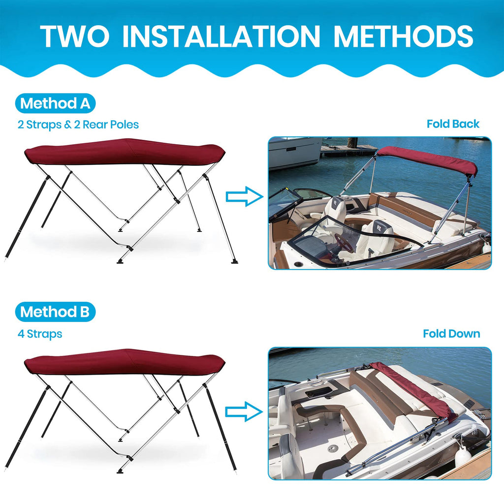 Naviskin Burgundy 4 Bow 8L X 54 H X 91-96 W Bimini Top Cover Includes Mounting Hardwares,Storage Boot With 1 Inch Aluminum Frame