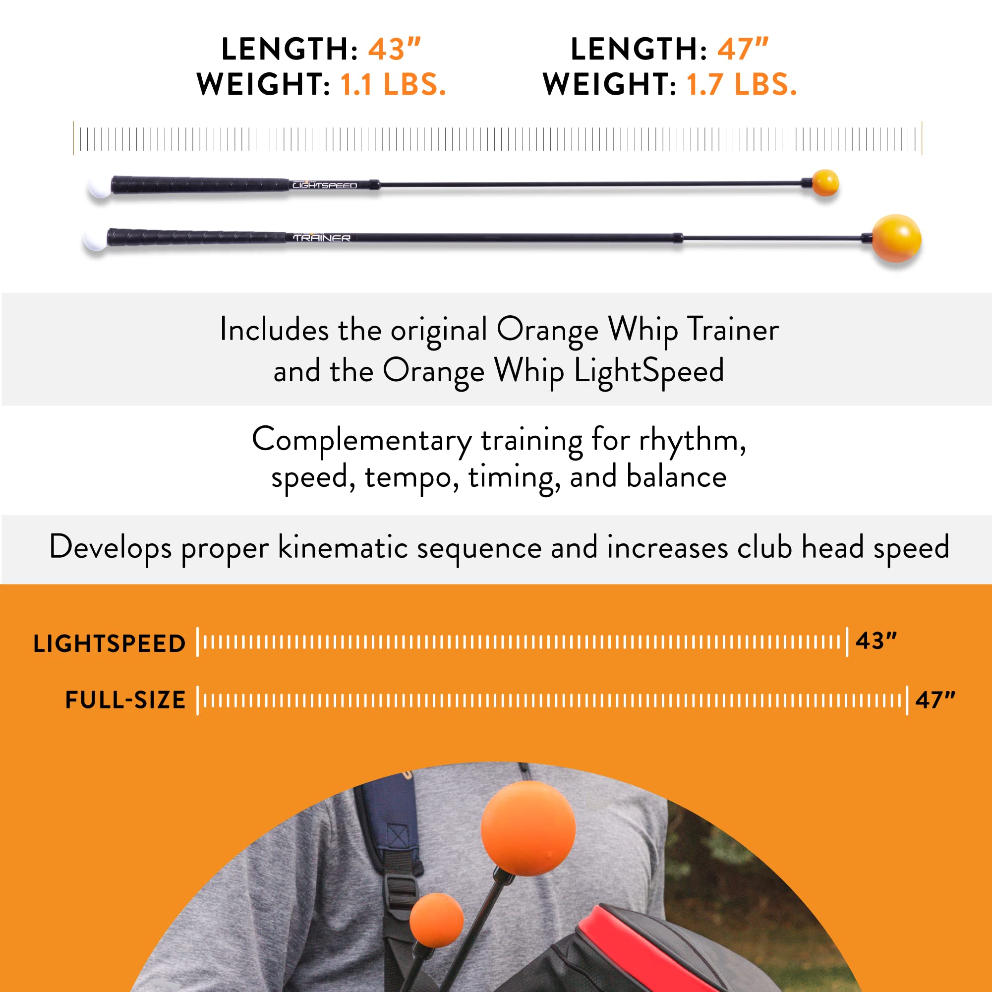 Orange Whip Distance Duo - Lightspeed, Golf Swing Trainer Set (47 In)