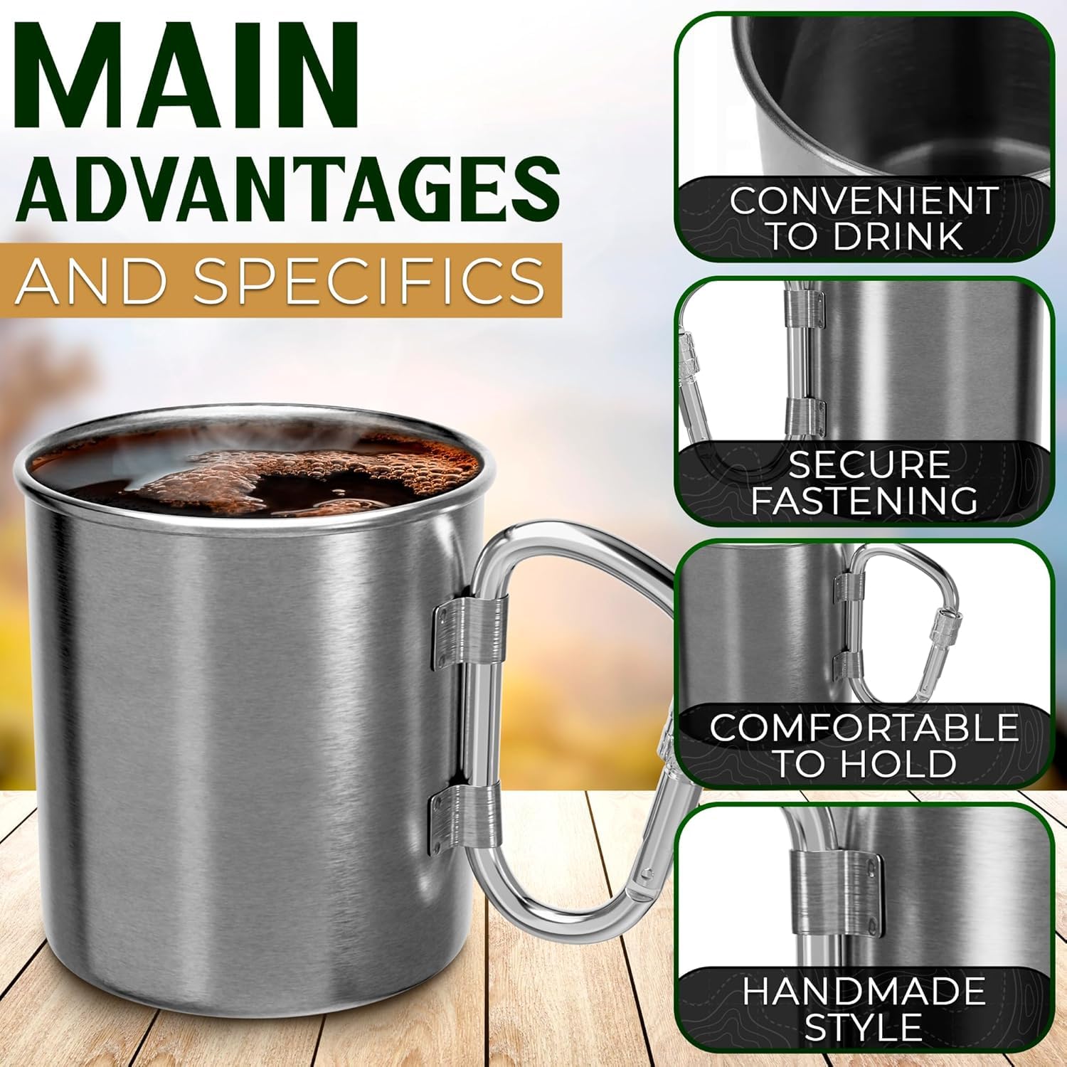 Vikrom Stainless Steel Camping Mug With Carabiner - 13.5 Oz Rock Climbing Metal Coffee Mug With Handle Camping Mugs