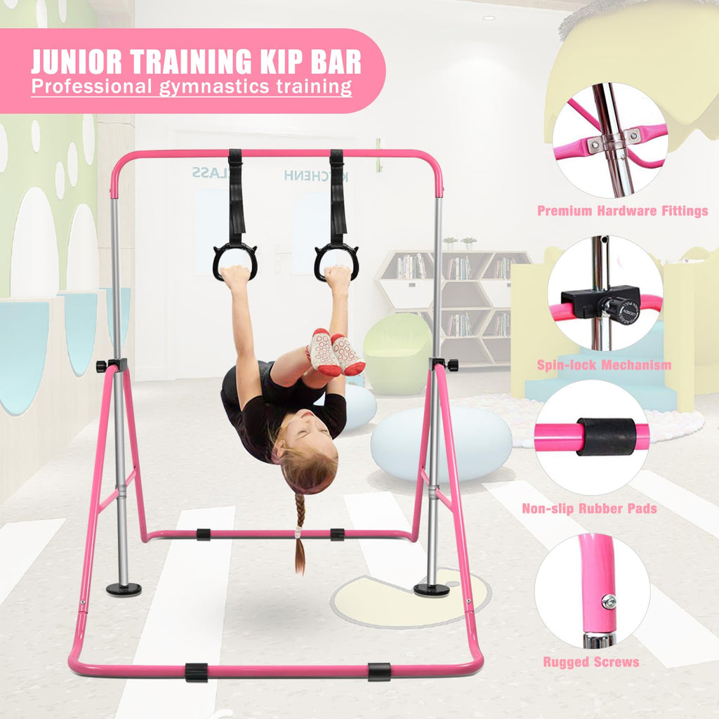 Beeyeo Gymnastics Bar, Expandable Horizontal Bars With Rings, Gymnastics Training Bar Indoor Gym Equipment For Kids Grip Trainin