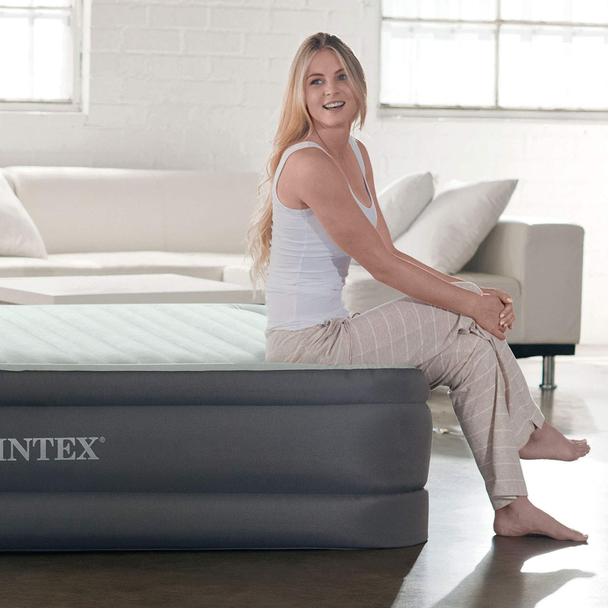 Intex Premaire I Fiber-Tech Elevated Dura Beam Technology Home Air Mattress Bed With Electric Built-In Pump, Twin