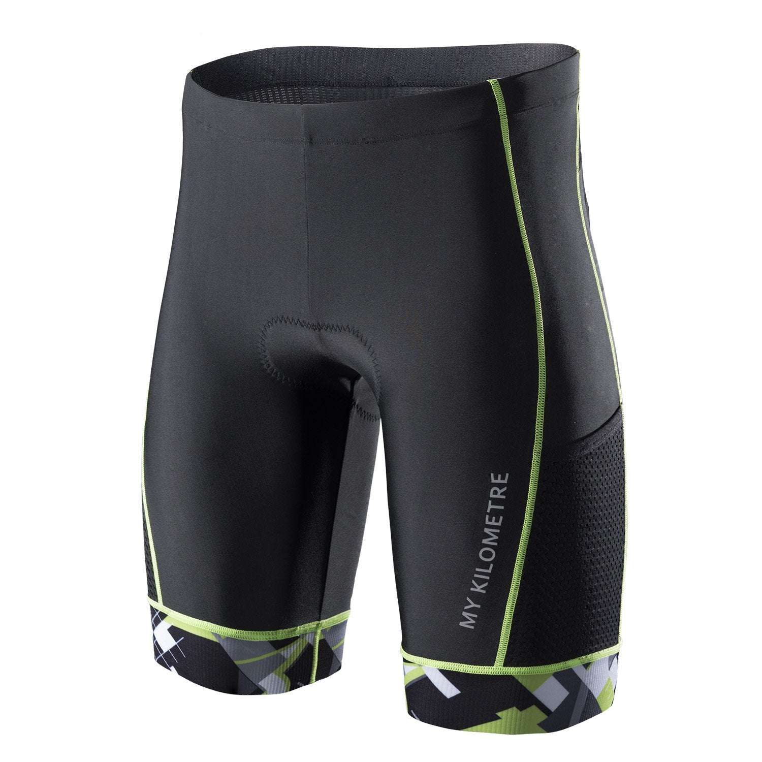 MY KILOMETRE Mens Triathlon Shorts with Adjustable Drawstring Easy Reach Leg Pockets Chamois for Long-Distance Tri Race (Black-G