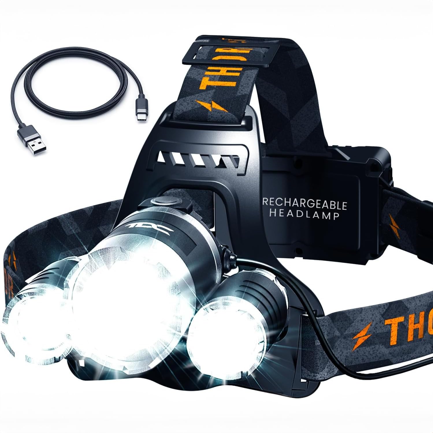 TDC Head Lamp Led Rechargeable Super Bright - USB-C Headlamp for Adults - Head Lights for Forehead - 1080 Lumen Head Flashlight 