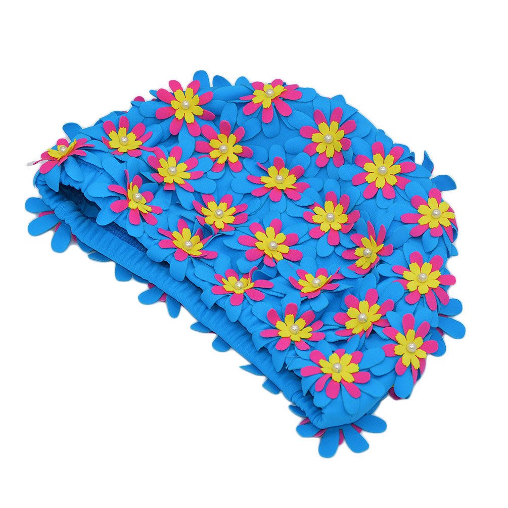 Medifier Swim Cap Floral Petal Retro Style Bathing Caps For Women Blue