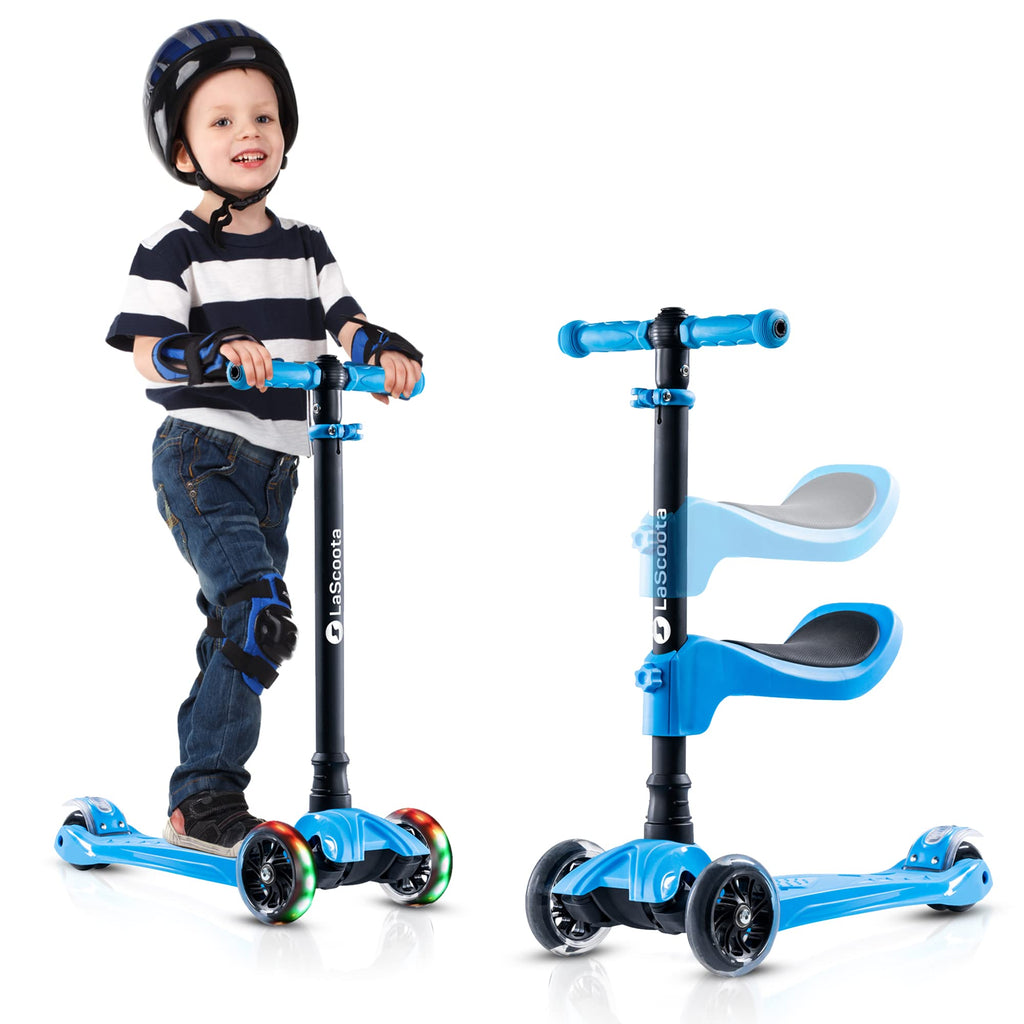 Lascoota 3-Wheel Kids Scooter - Removable Seat, Adjustable Handlebar, Light-Up Wheels & Lean-to-Steer for Toddler Scooter - Blue