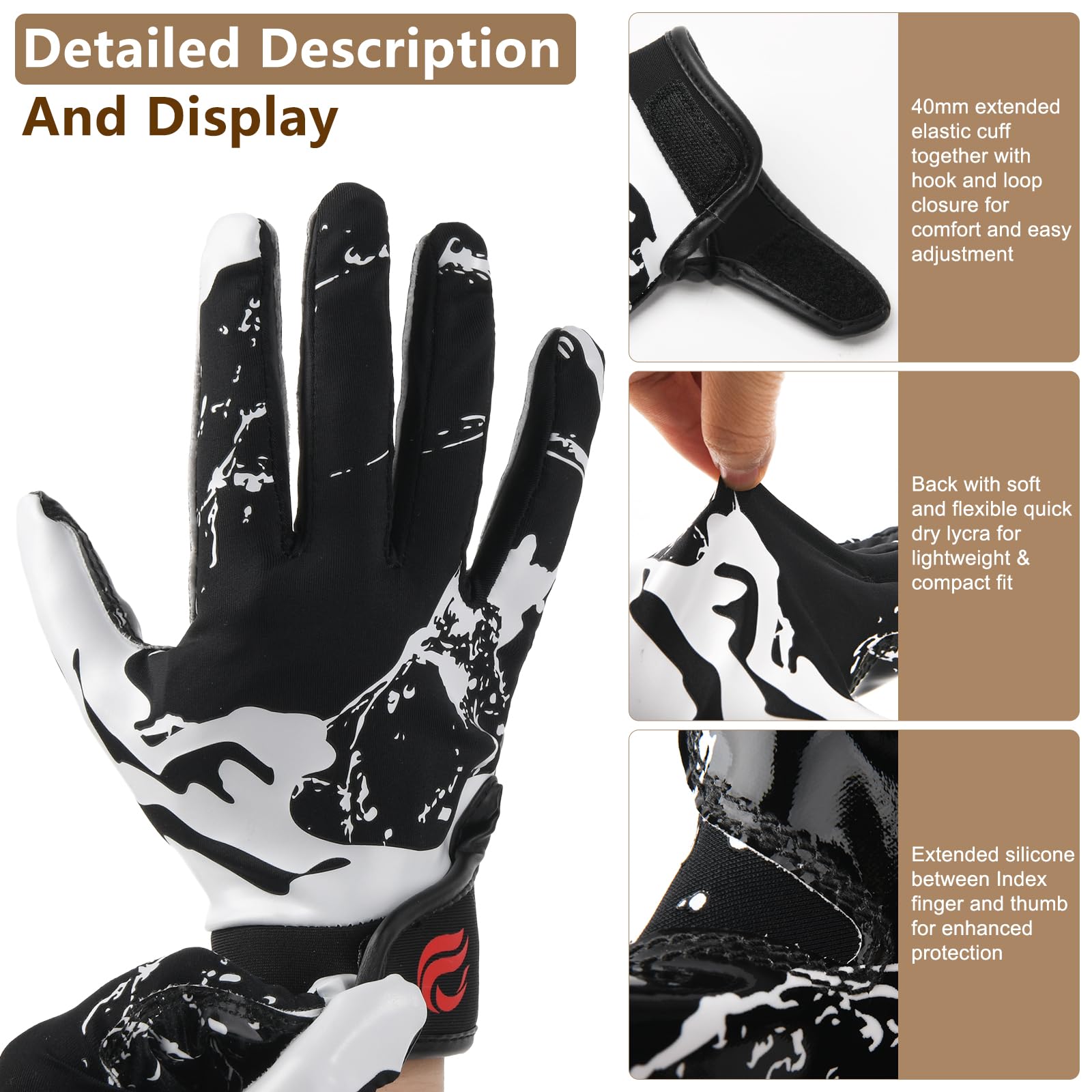 Goporoy Youth Football Gloves For Kids Excellent Grip Football Receiver Gloves, Icy Black Youth Xs/S