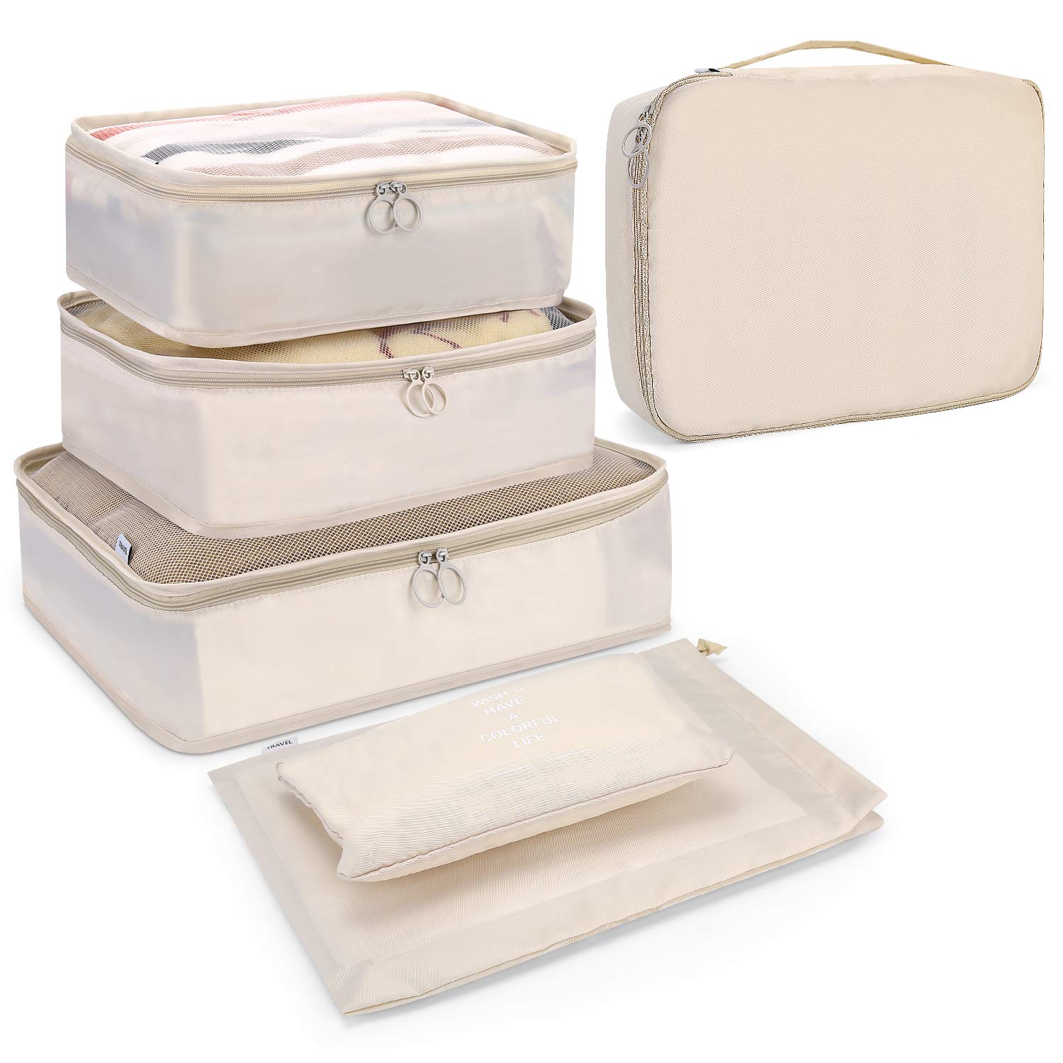 Endim Packing Cubes Set For Travel (Beige, 6 Packing Cubes)