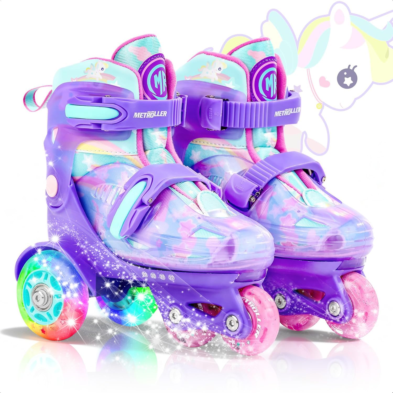 METROLLER Adjustable Kids Balance Roller Skates for Toddler Ages 3-6 Rainbow Unicorn Illuminating Rollerskates for Girls Ages 5-