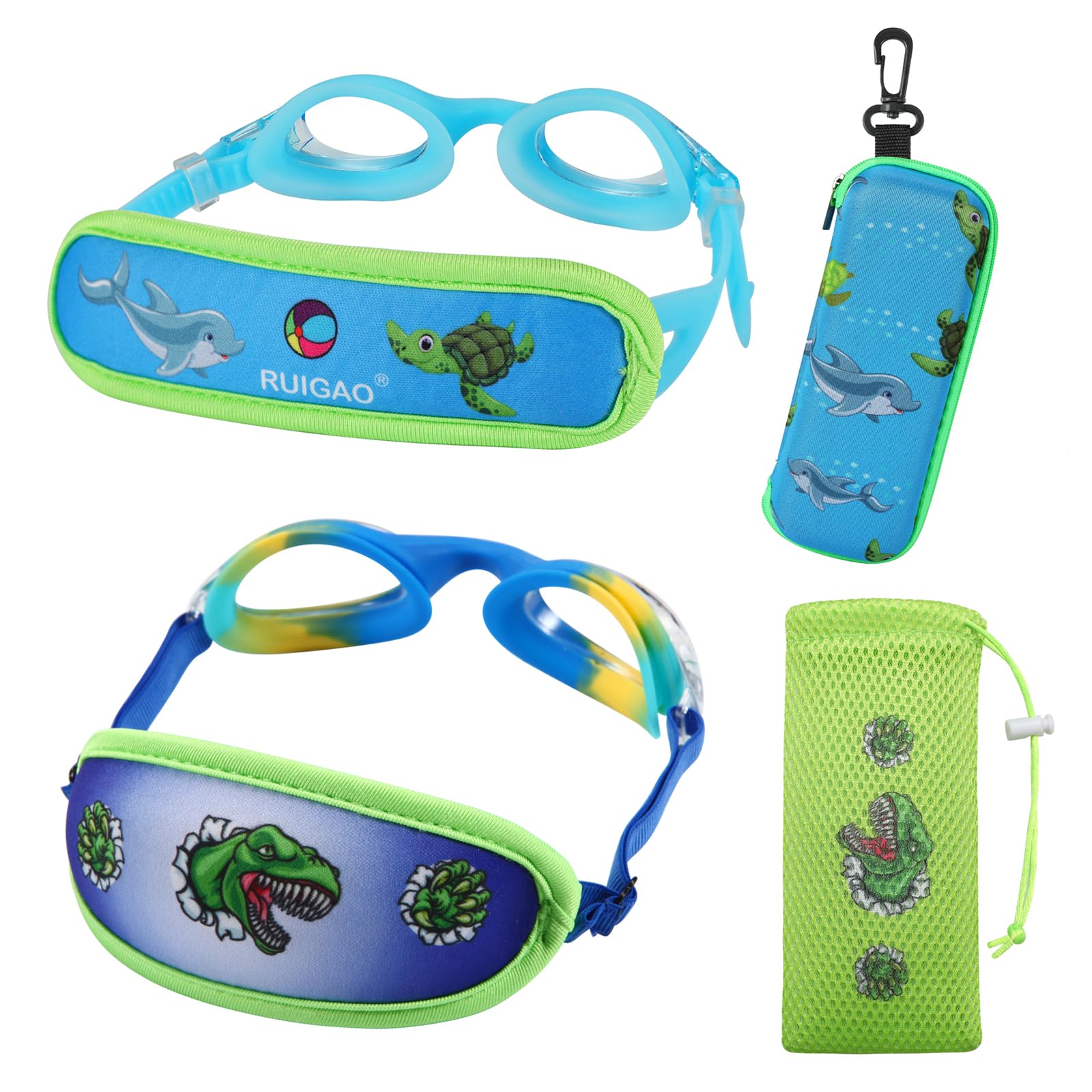 Ruigao Kids Swim Goggles Age 2-6, Toddler Goggles No Hair Pull,Child Goggles Padded Headband (2Pk Toddler - Dino & Dolphin)