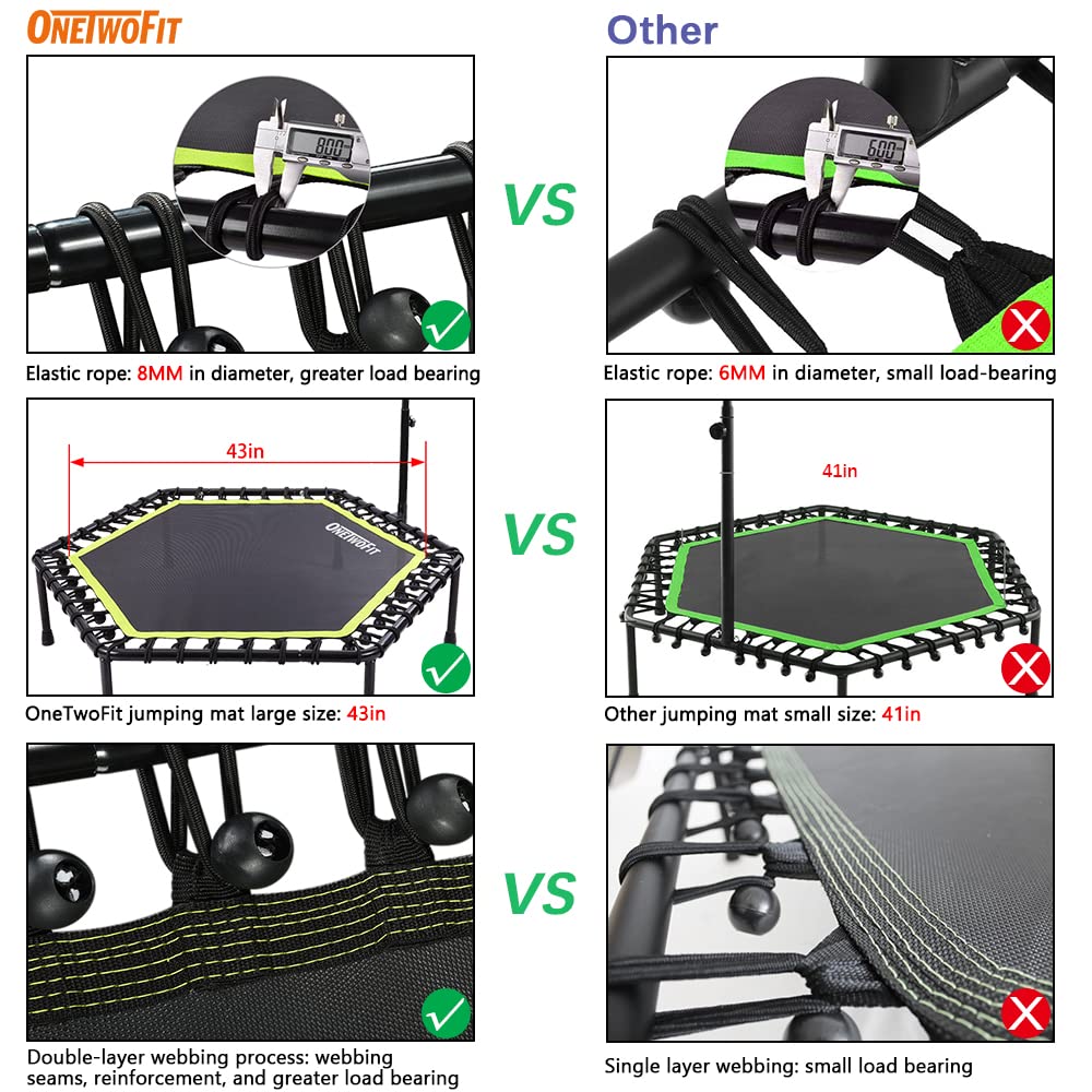 Onetwofit 48'' Silent Mini Trampoline With Adjustable Handle Bar Fitness Trampoline Bungee Rebounder Jumping Cardio Trainer Work