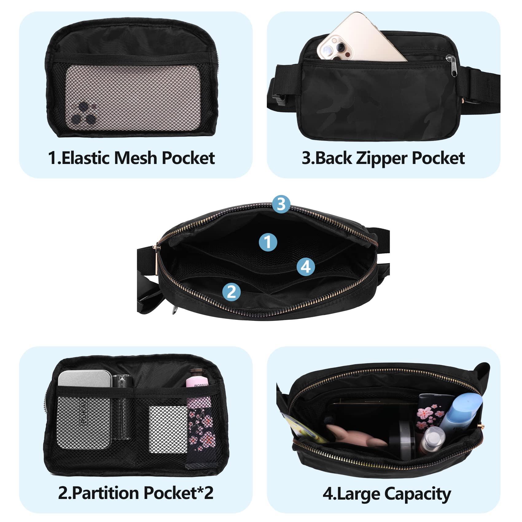Vorolo 2 Pack Fanny Pack Crossbody Bag For Women And Men Belt Bag Gift For Women Bum Bag With Adjustable Strap For Sports Black+