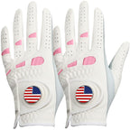 Amy Sport Golf Gloves Women Left Hand With Ball Marker Usa Flag Leather 2 Pack For Right Handed Golfer All Weather Grip Soft Com