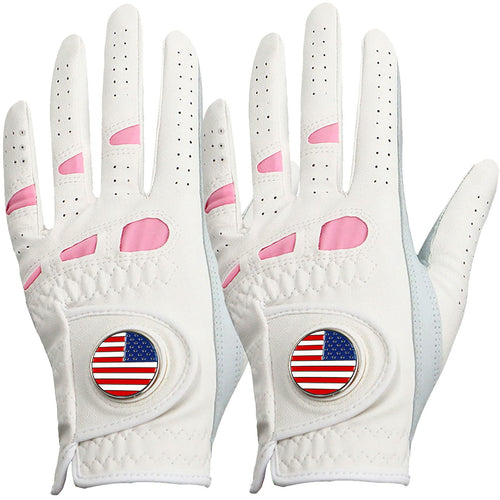 Amy Sport Golf Gloves Women Left Hand With Ball Marker Usa Flag Leather 2 Pack For Right Handed Golfer All Weather Grip Soft Com
