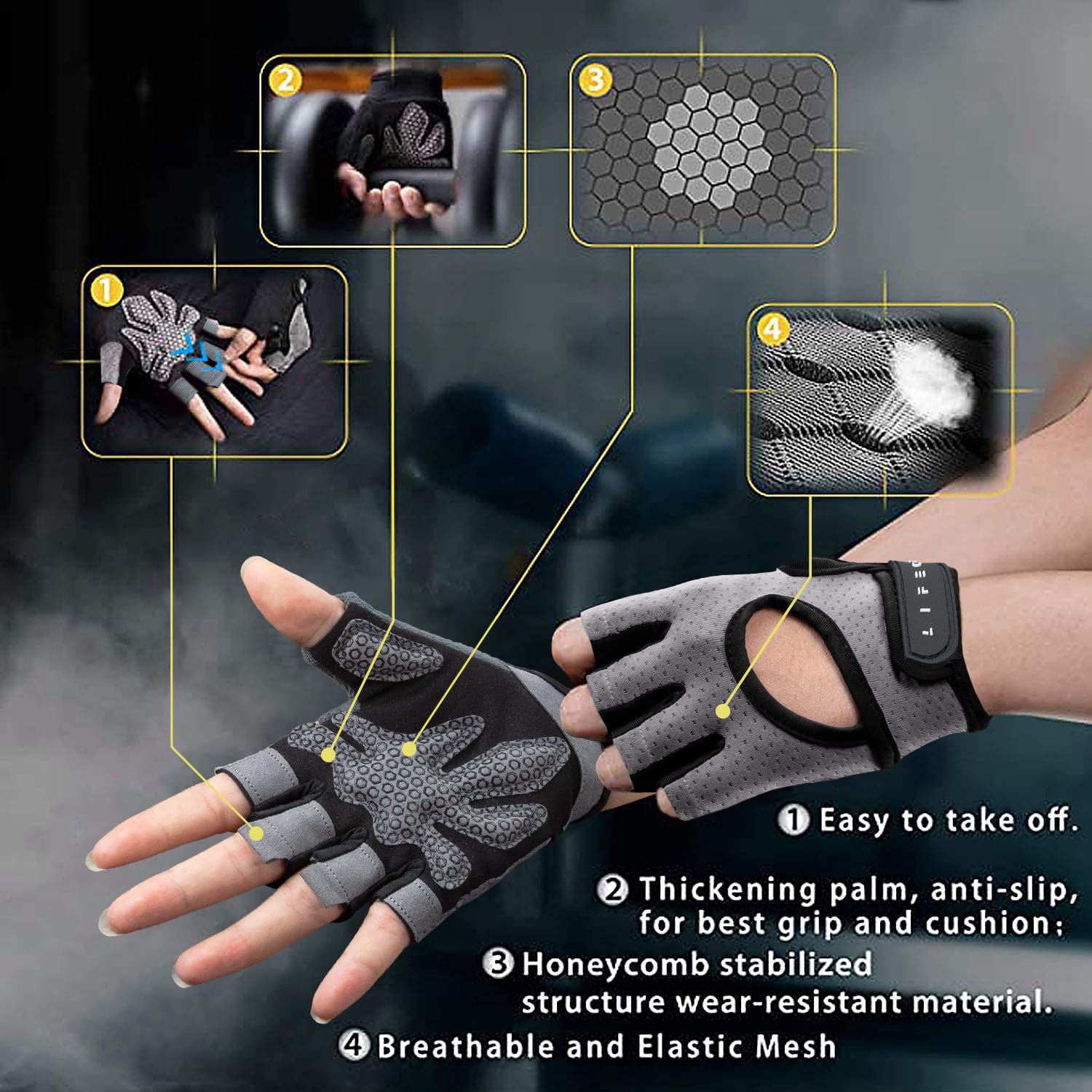 Lifect Essential Breathable Workout Gloves, Weight Lifting Fingerless Exercise Gloves With Curved Open Back, For Powerlifting, G